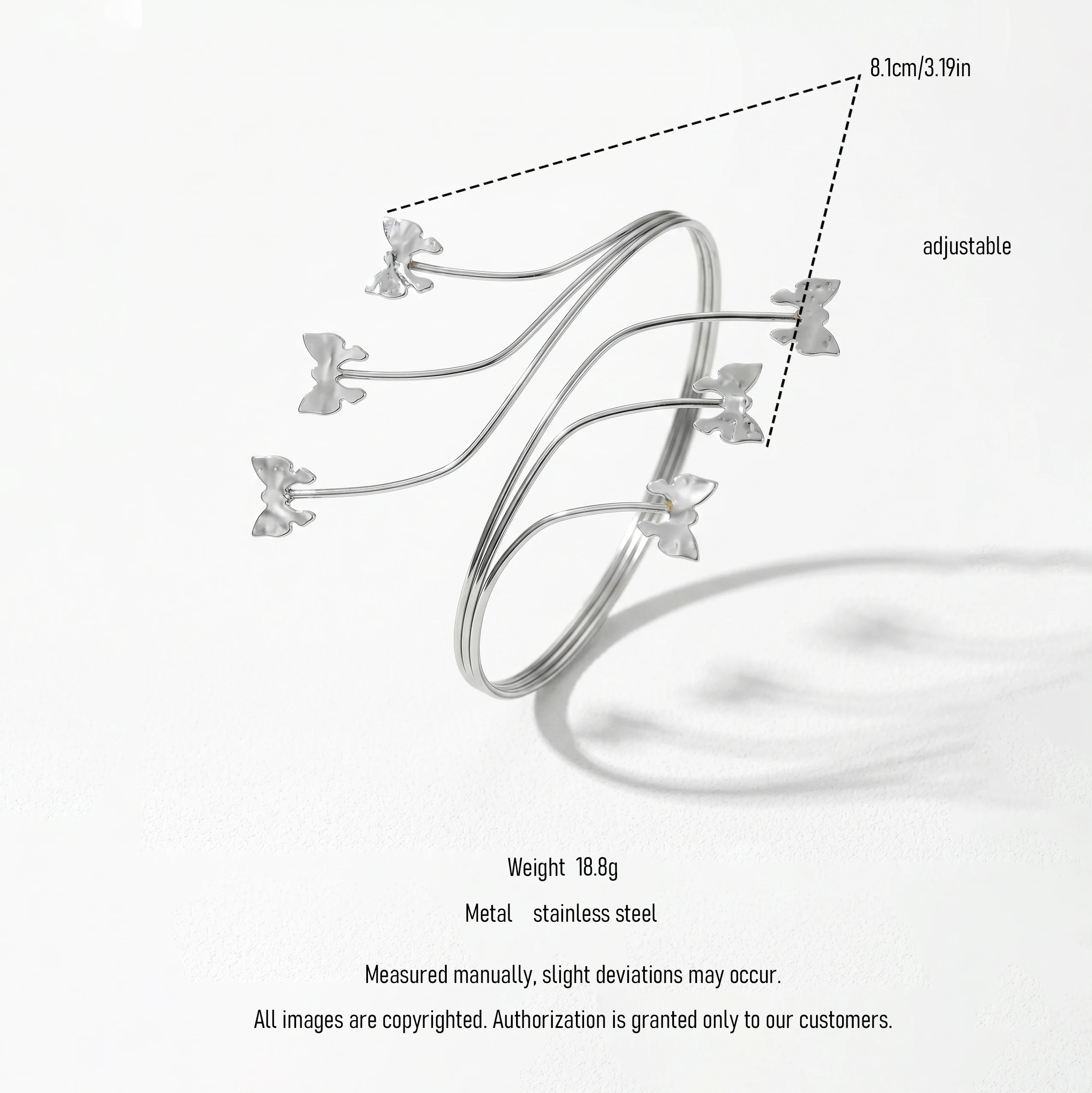 QIAOREN 12814 Adjustable Butterfly Armlet Y2K Fairycore Fluttering Bangle Stainless Steel Statement Silver Upper Arm Jewelry