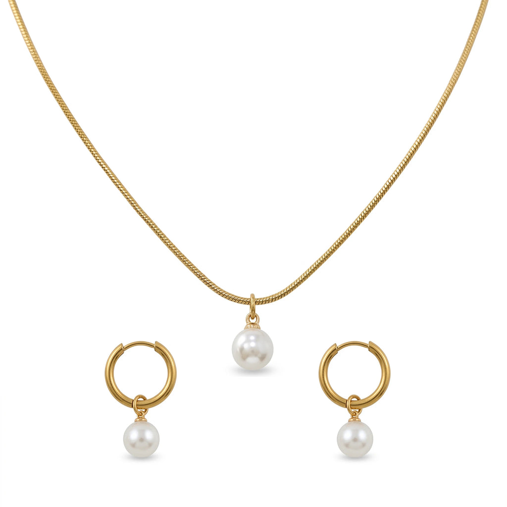 QIAOREN 11591 Elegant Minimalist Pearl Jewelry Set 18K Gold Stainless Steel Necklace and Hoop Earrings for Women