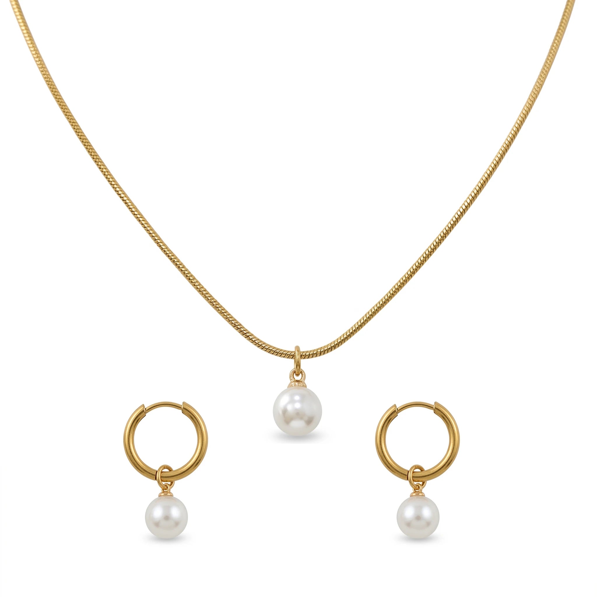 QIAOREN 11591 Elegant Minimalist Pearl Jewelry Set 18K Gold Stainless Steel Necklace and Hoop Earrings for Women