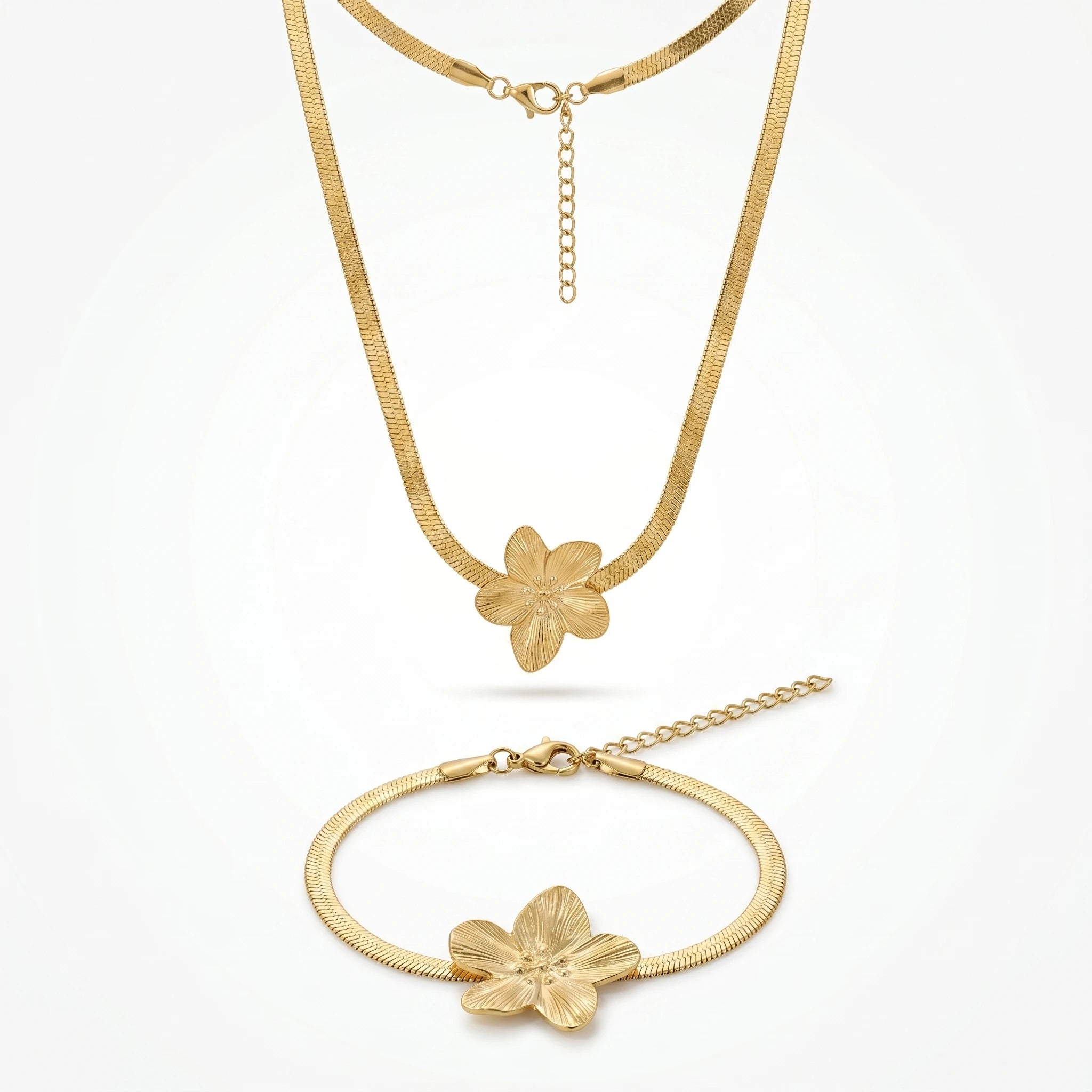 QIAOREN 11501 Elegant Tropical Flower Herringbone Jewelry Set 18K Gold Plated Stainless Steel Tarnish Free
