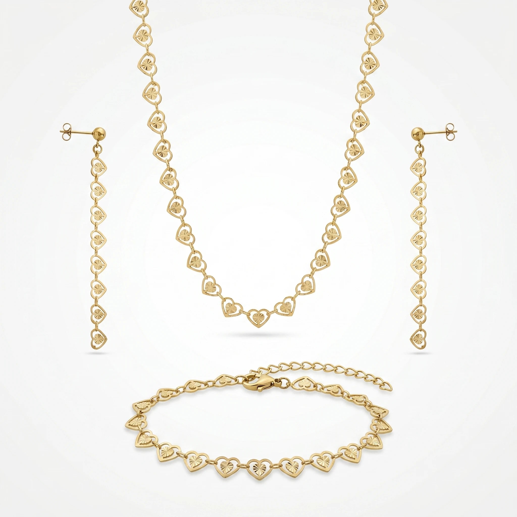 QIAOREN 11581 18K Gold Plated Stainless Steel Heart Jewelry Set Women Hollow Necklace Bracelet Dangle Earrings 3PCS
