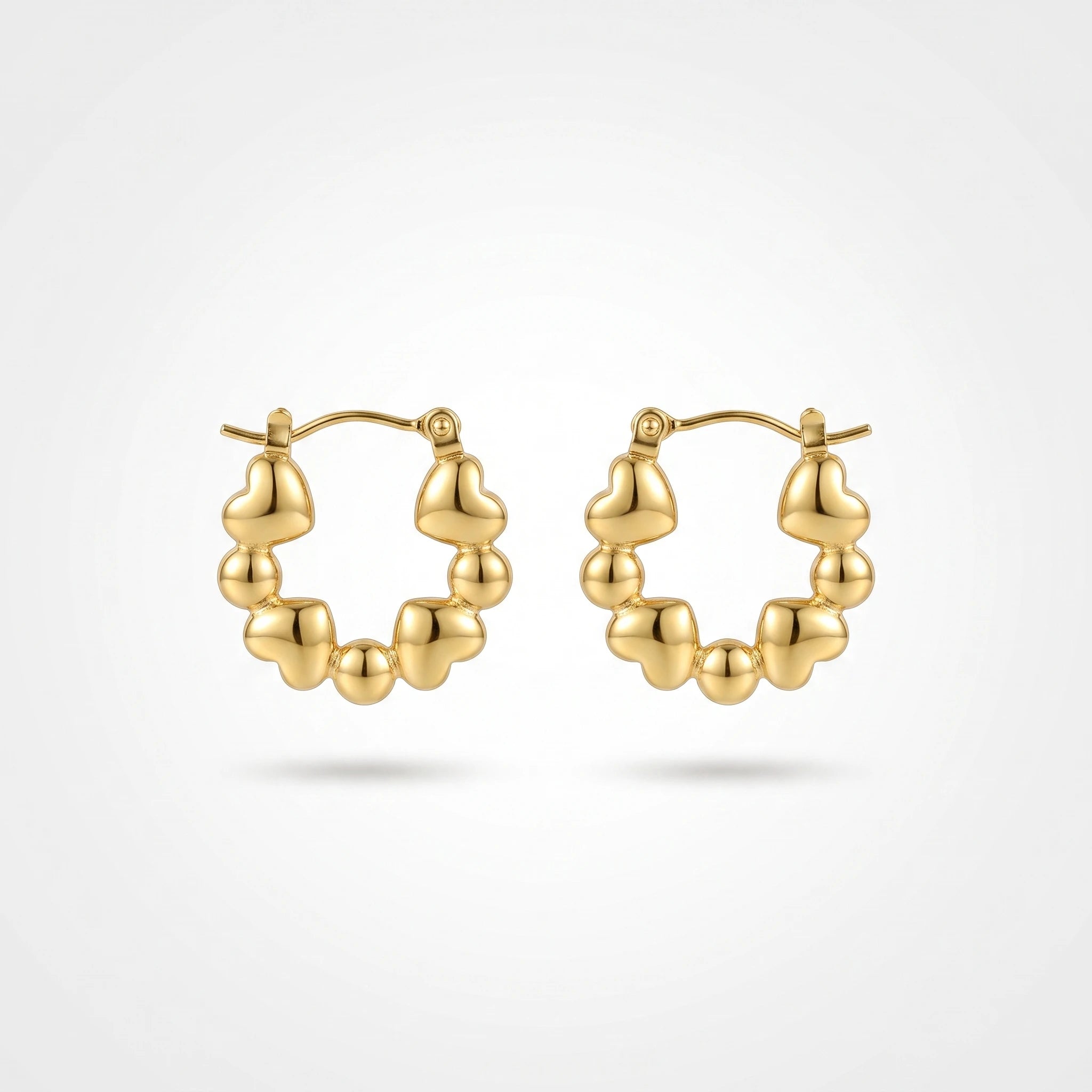 QIAOREN 13265 Gold Tone Heart Bead Wreath Circle Stud Earrings Polished Puffy Love & Ball Combo Click Back Studs Romantic Sweet