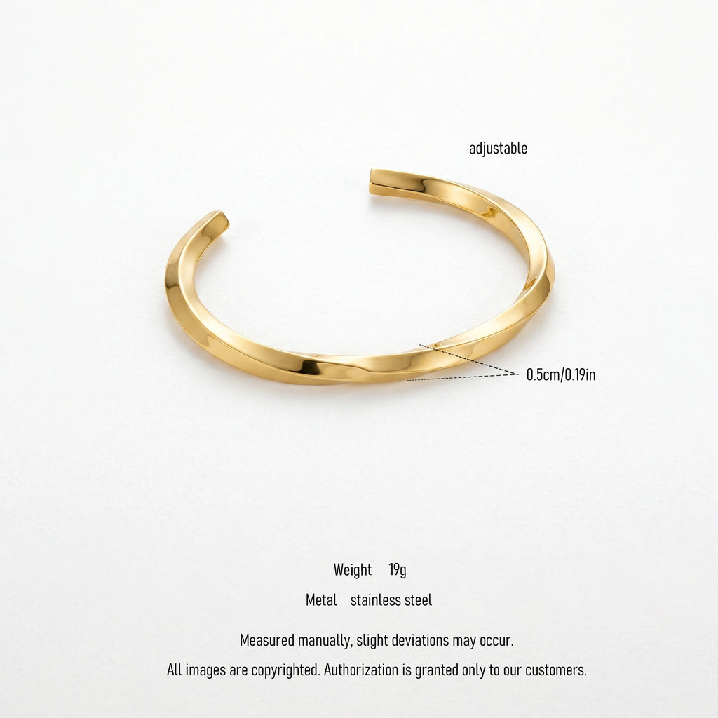 QIAOREN 12658 18K Gold Polished Twisted Texture Open Cuff Bracelet Stainless Steel Adjustable Smooth Wrist Jewelry Daily Gift