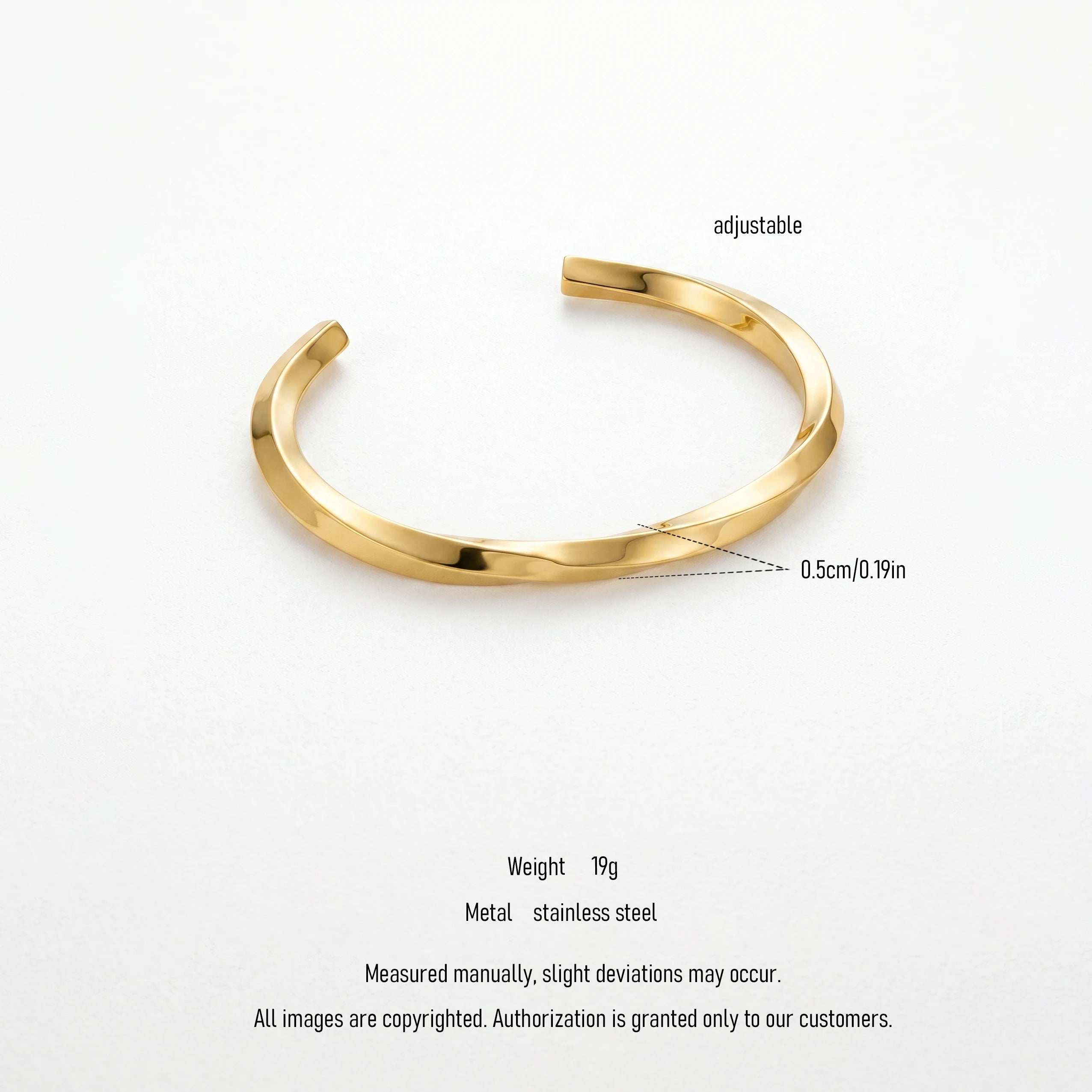 QIAOREN 12658 18K Gold Polished Twisted Texture Open Cuff Bracelet Stainless Steel Adjustable Smooth Wrist Jewelry Daily Gift