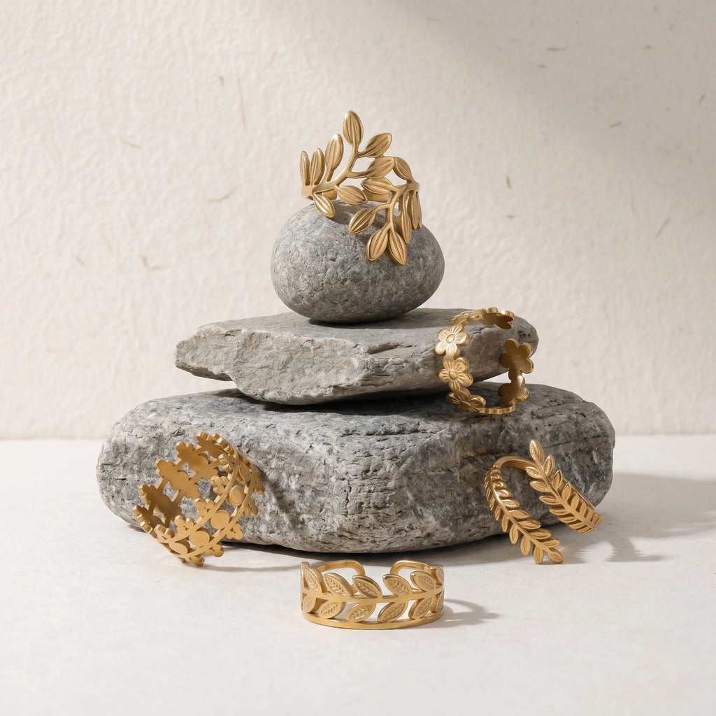 QIAOREN 5Pcs Boho Leaf Flower Gold Stainless Steel Rings Set Tarnish Free Adjustable Stackable Open Cuff Rings for Women
