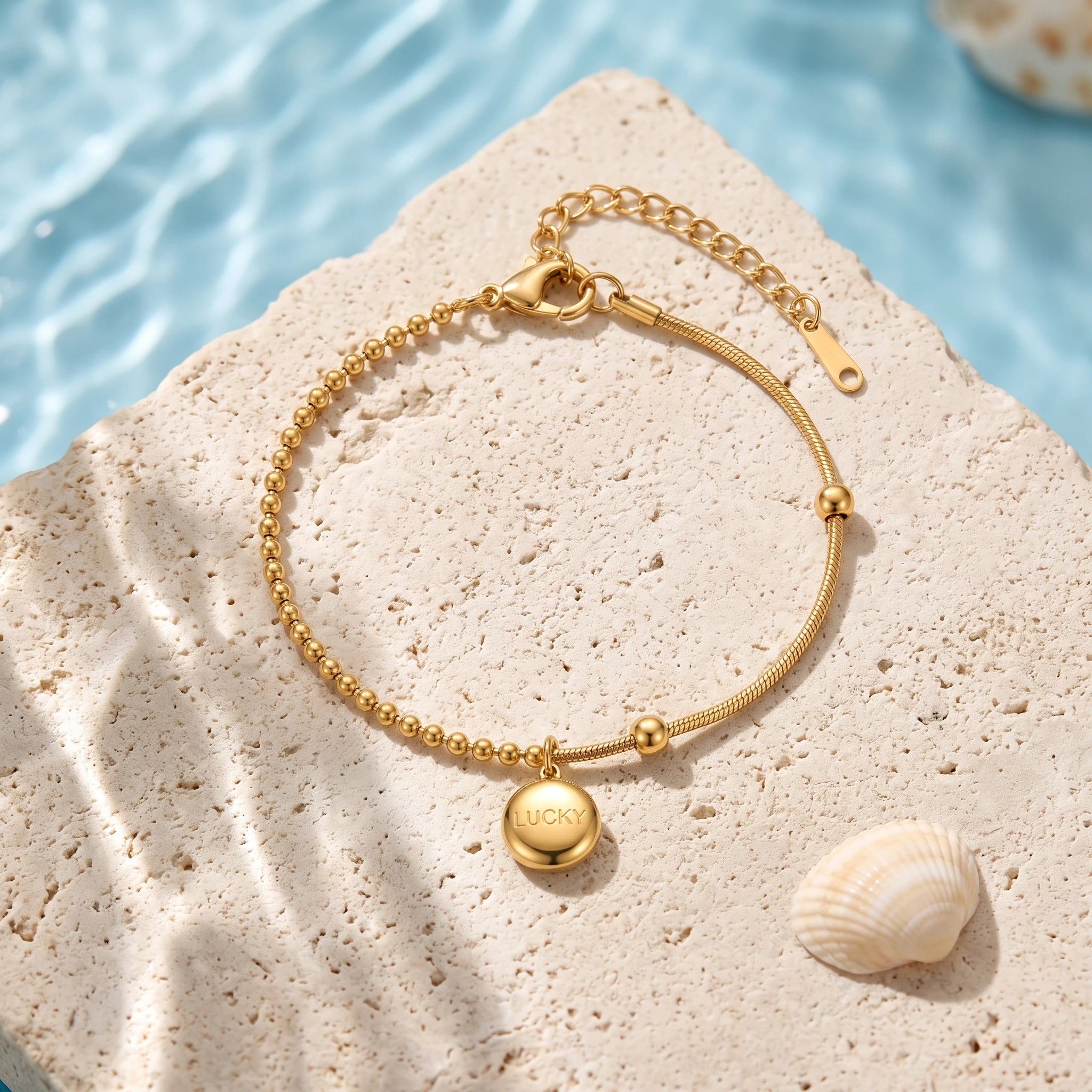 QIAOREN 13771 Asymmetric Dual Link Bracelet with Ball Bead Chain & Snake Wire Mixed Design, Engraved LUCKY Round Disc Charm