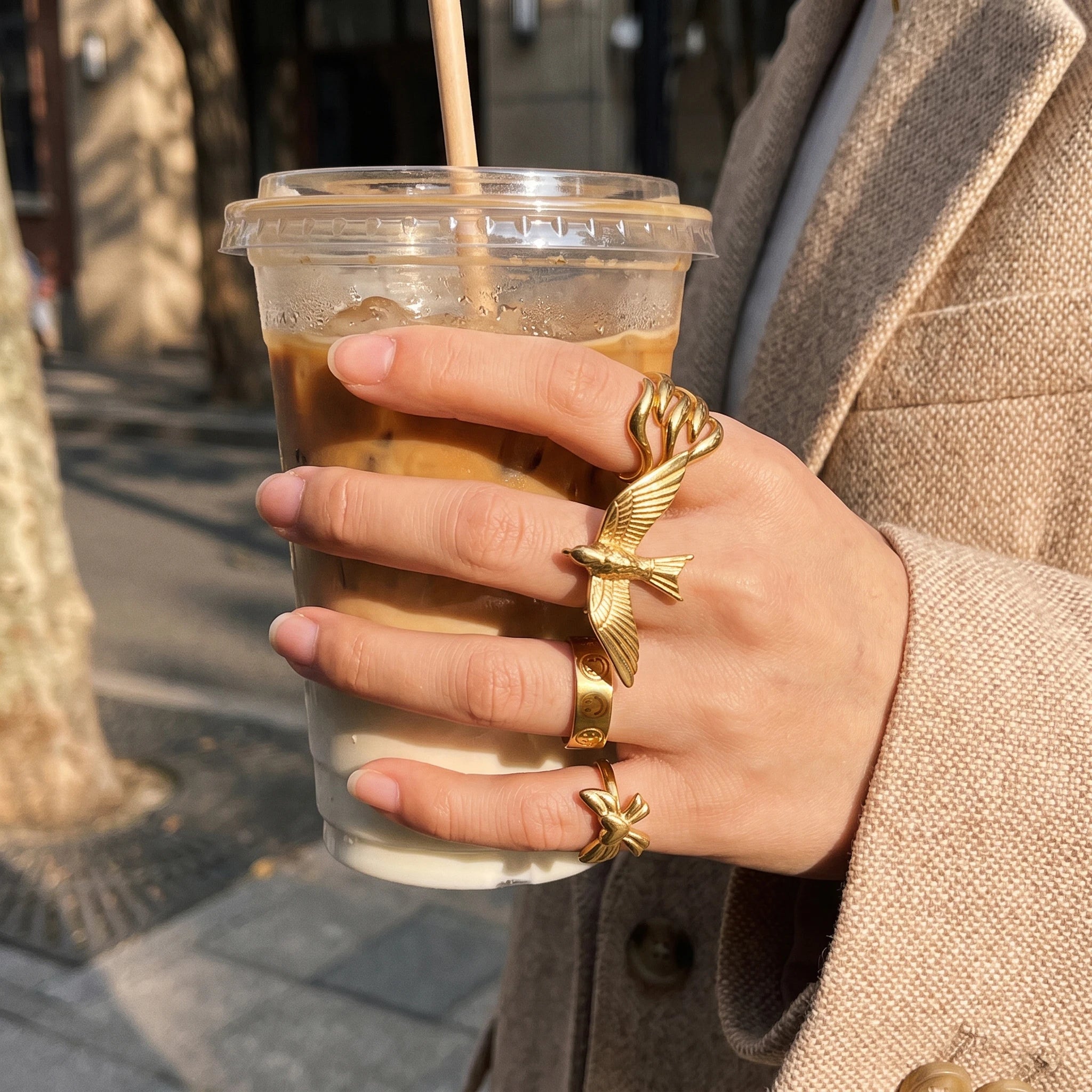 QIAOREN 14304-13 Women's Stainless Steel Vintage Bird -Face Bow Open Cuff Ring Set Adjustable Stackable 18K Gold Plated