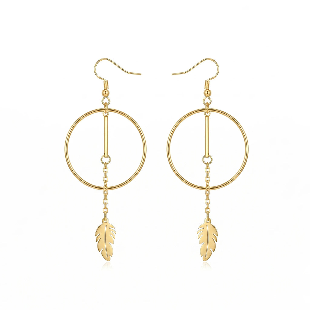QIAOREN 11853 Elegant Minimalist Circle Bar  Drop Earrings Gold Stainless Steel Long Tassel Leaf Jewelry Gift for Women EU US