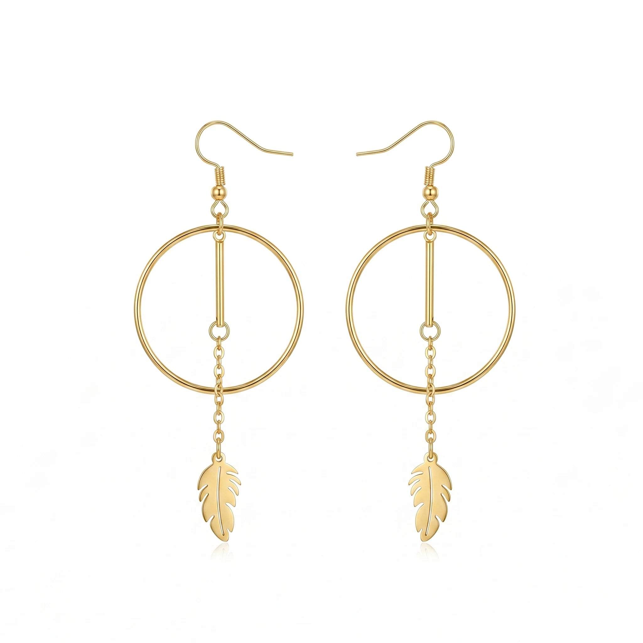 QIAOREN 11853 Elegant Minimalist Circle Bar  Drop Earrings Gold Stainless Steel Long Tassel Leaf Jewelry Gift for Women EU US