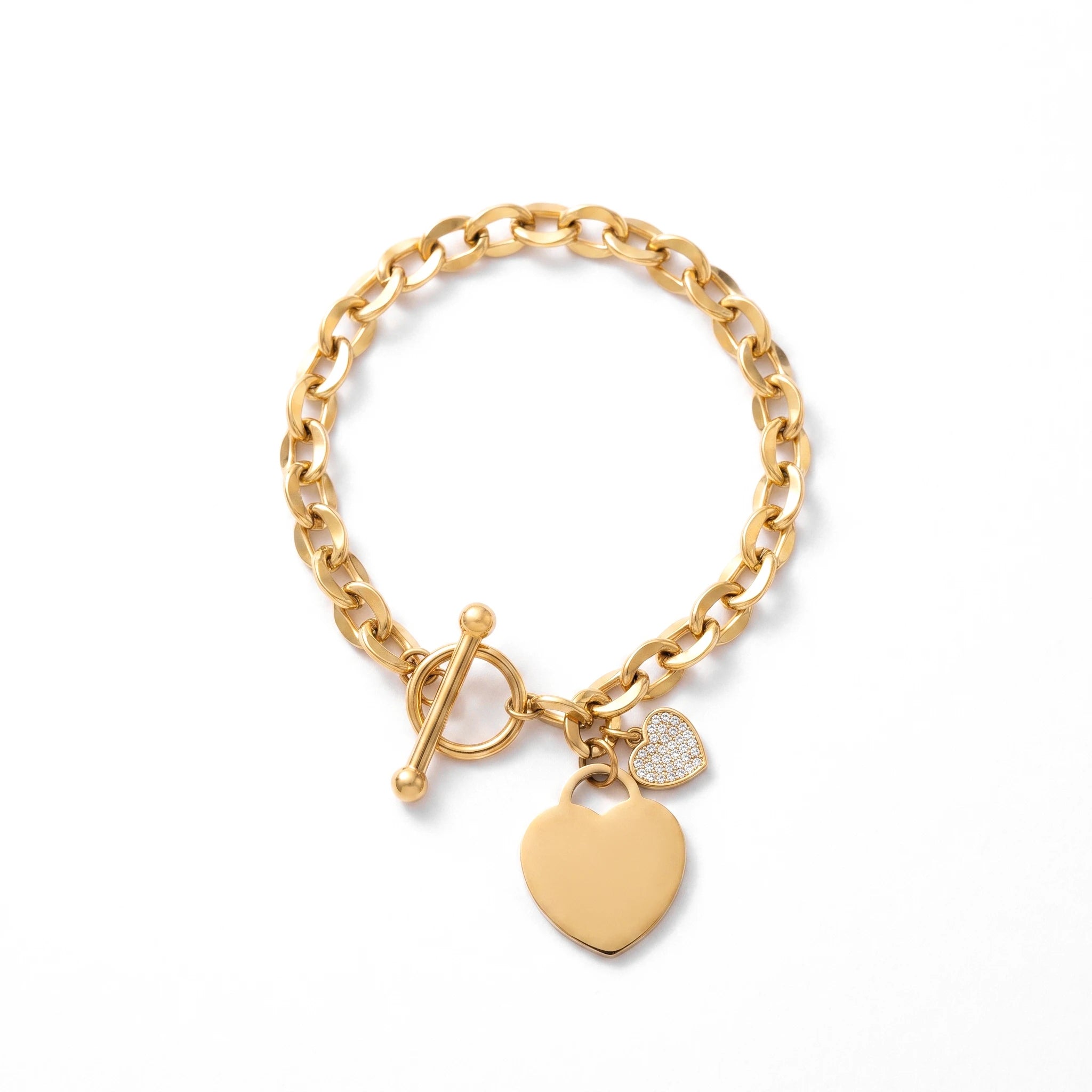 QIAOREN 13369 Gold Plated Stainless Steel Heart Charm Toggle Clasp Cuban Link Bracelet Statement Jewelry for Women