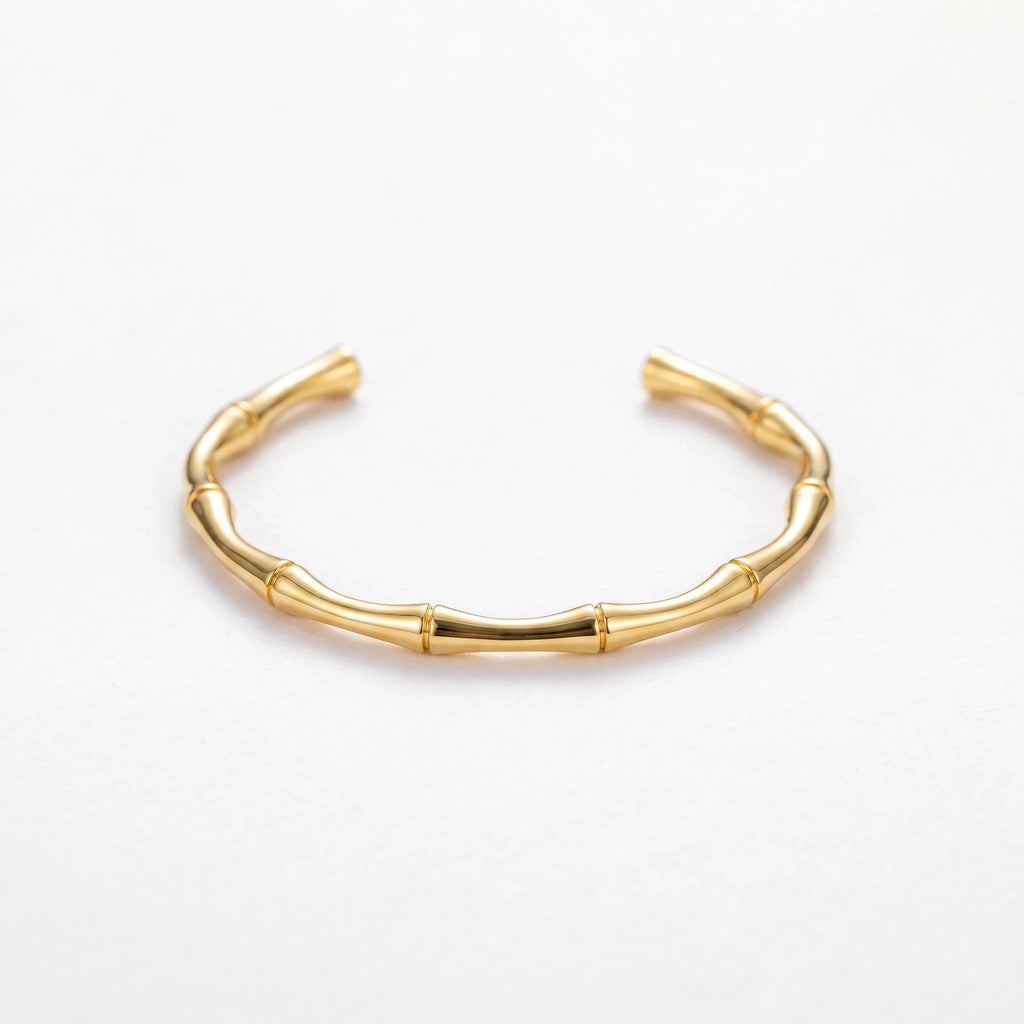 QIAOREN 12677 Sleek Segmented Bamboo Tube Adjustable Open Cuff Bracelet Tarnish Free Stainless Steel 18K Gold Wrist Ornament