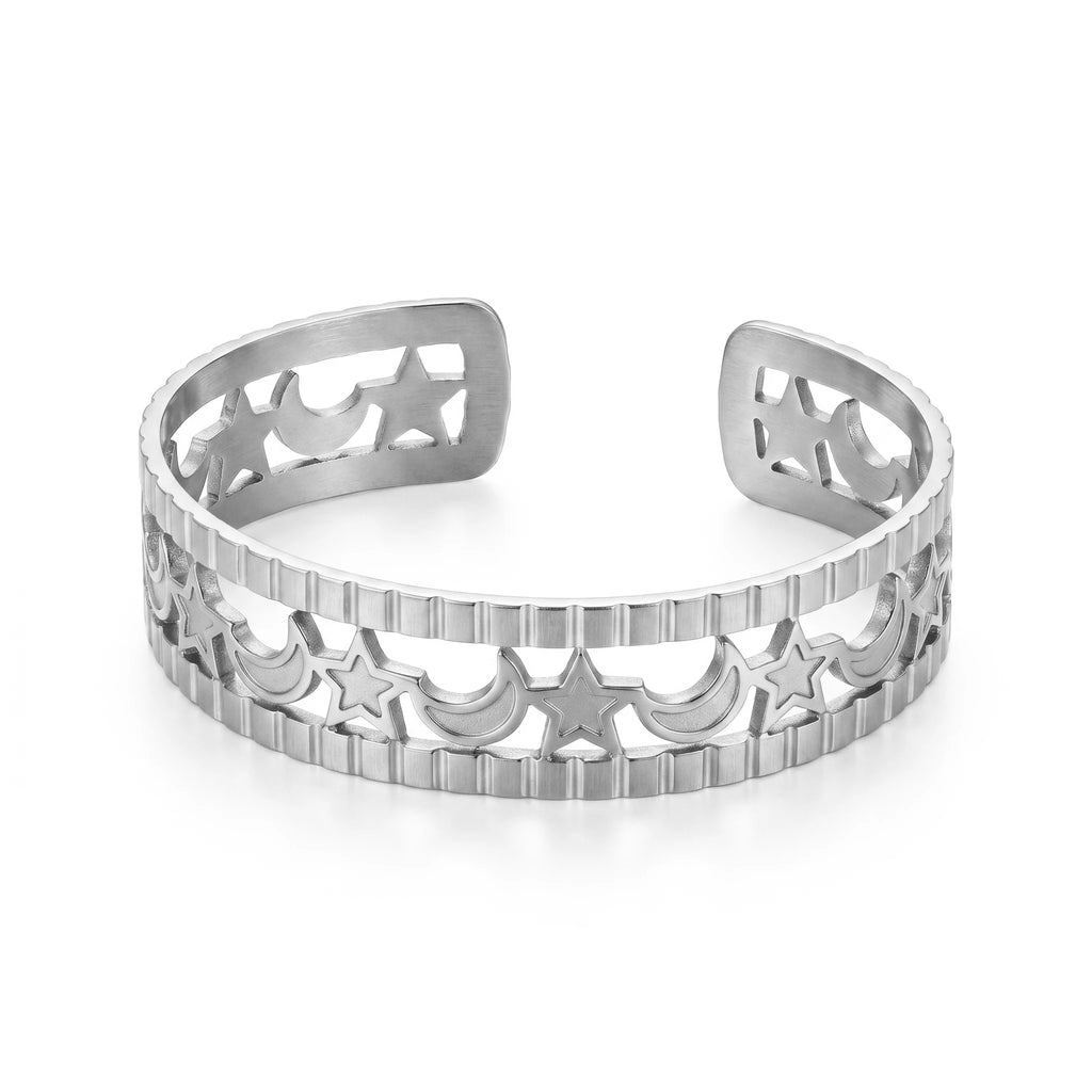 QIAOREN 11888 18K Gold Plated Stainless Steel Anti-Tarnish Hollow Star Moon Open Cuff Bracelet Wide Edge Textured Bangle