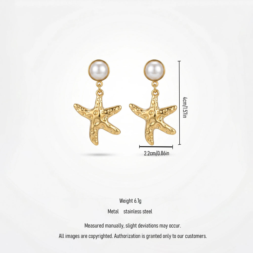 QIAOREN 13216 Gold Plated Pearl Starfish Drop Earrings for Women Stainless Steel Beach Coastal Fashion Jewelry