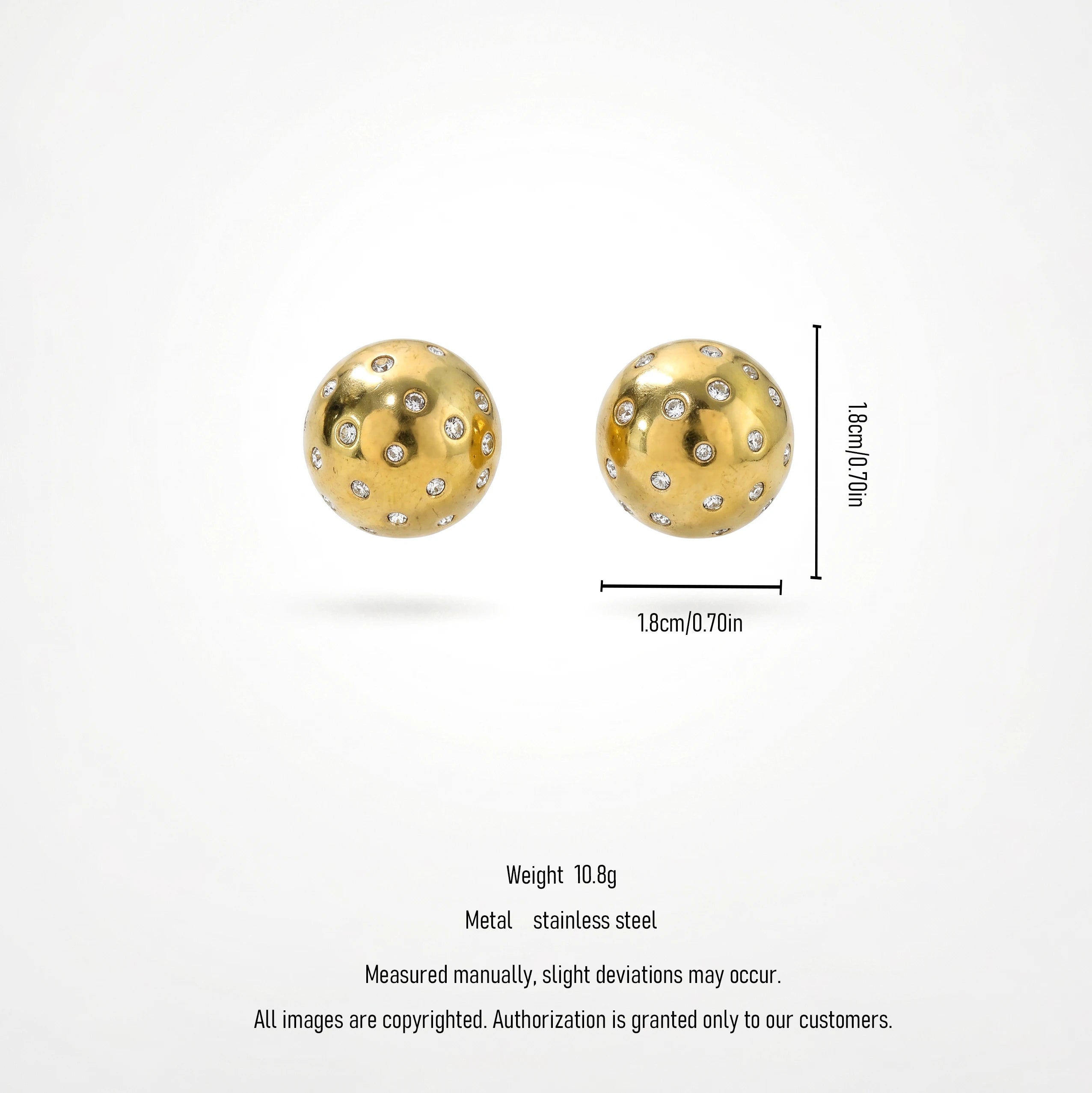 QIAOREN 12263 Waterproof Tarnish Free Gold Dome Earrings Stainless Steel Gypsy Set Sparkling CZ Dotted Ball Studs Jewelry US EU
