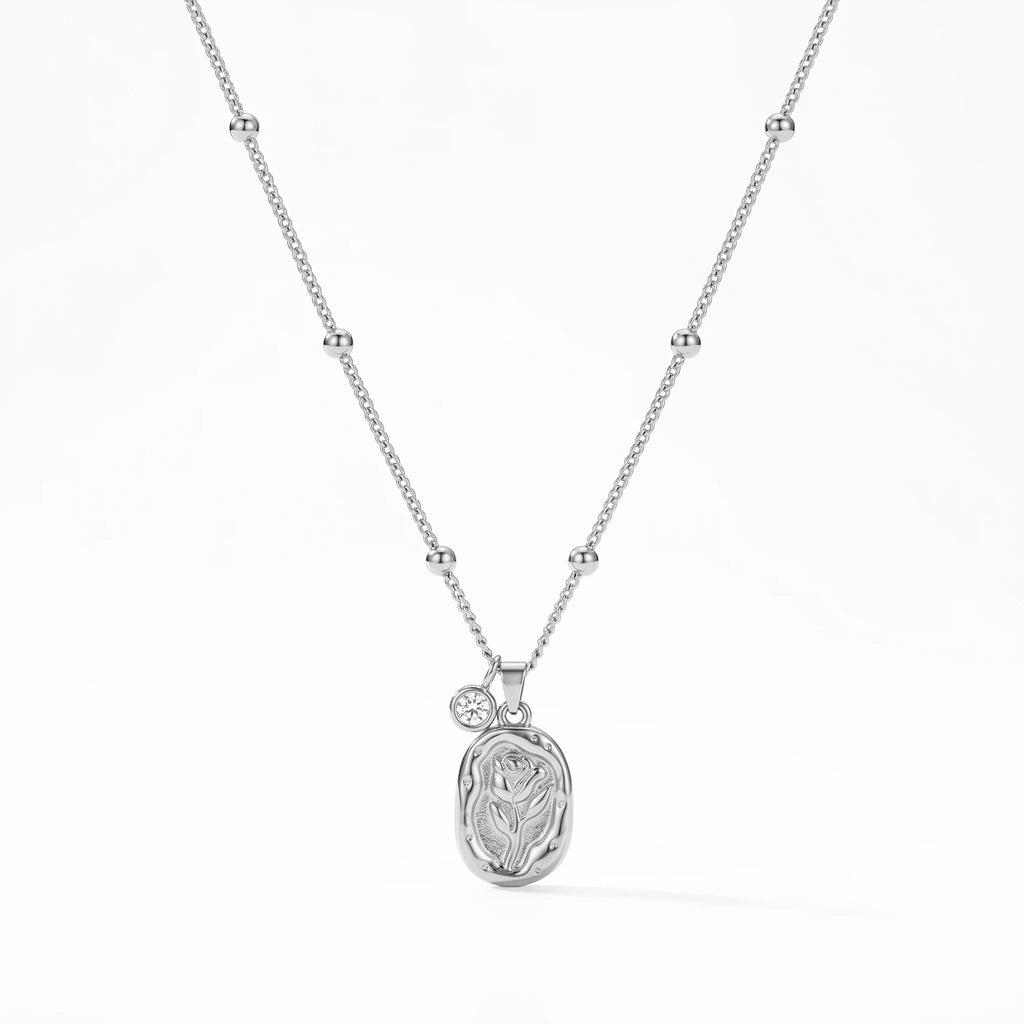 QIAOREN 11747 Anti-Tarnish 18K Gold Plated Stainless Steel Rose Embossed Pendant Necklace