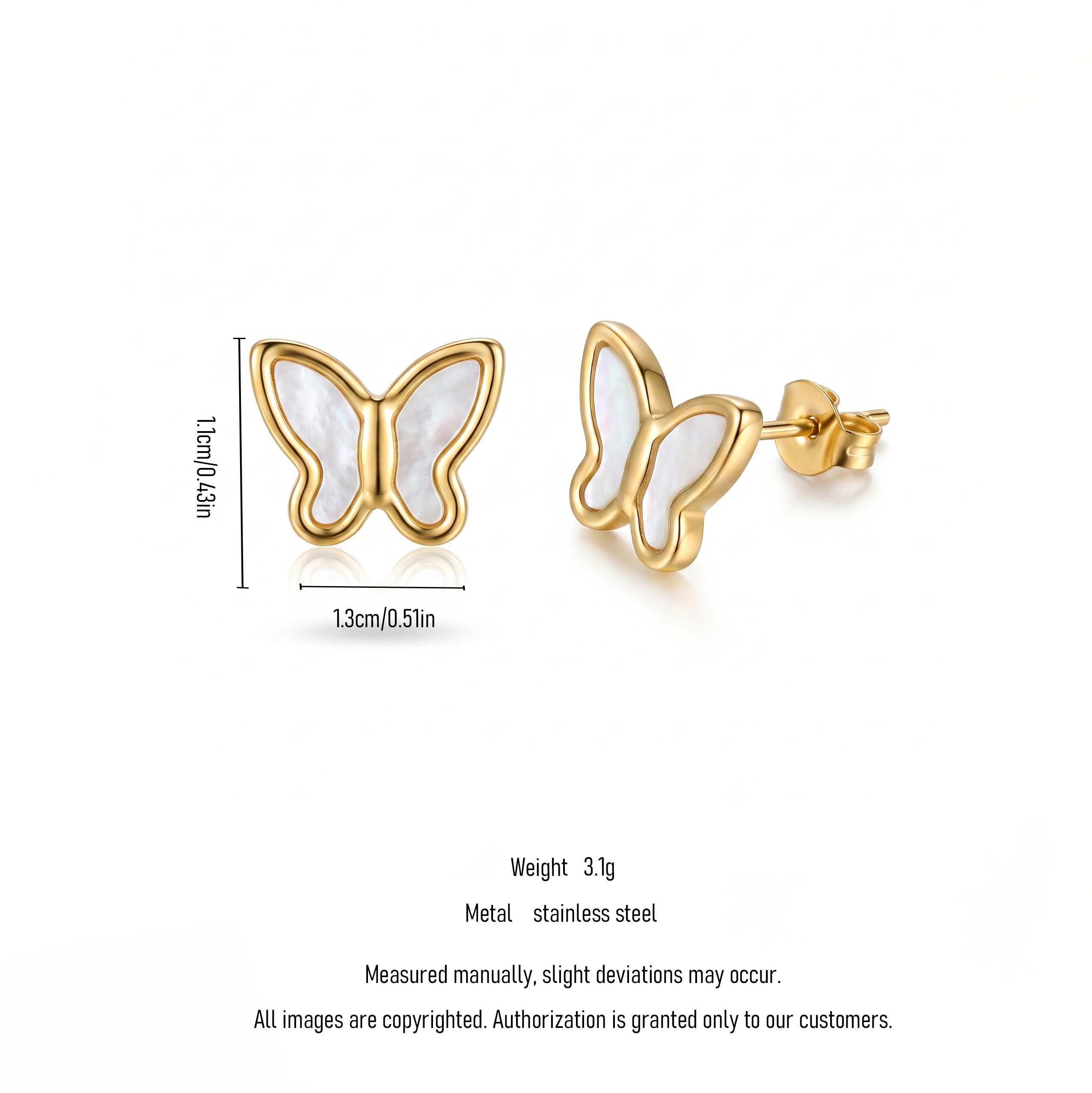 QIAOREN 13446 Gold Tone Natural White MOP Butterfly Stud Earrings Minimal Smooth Frame Shell Inlay Ear Jewelry Gift