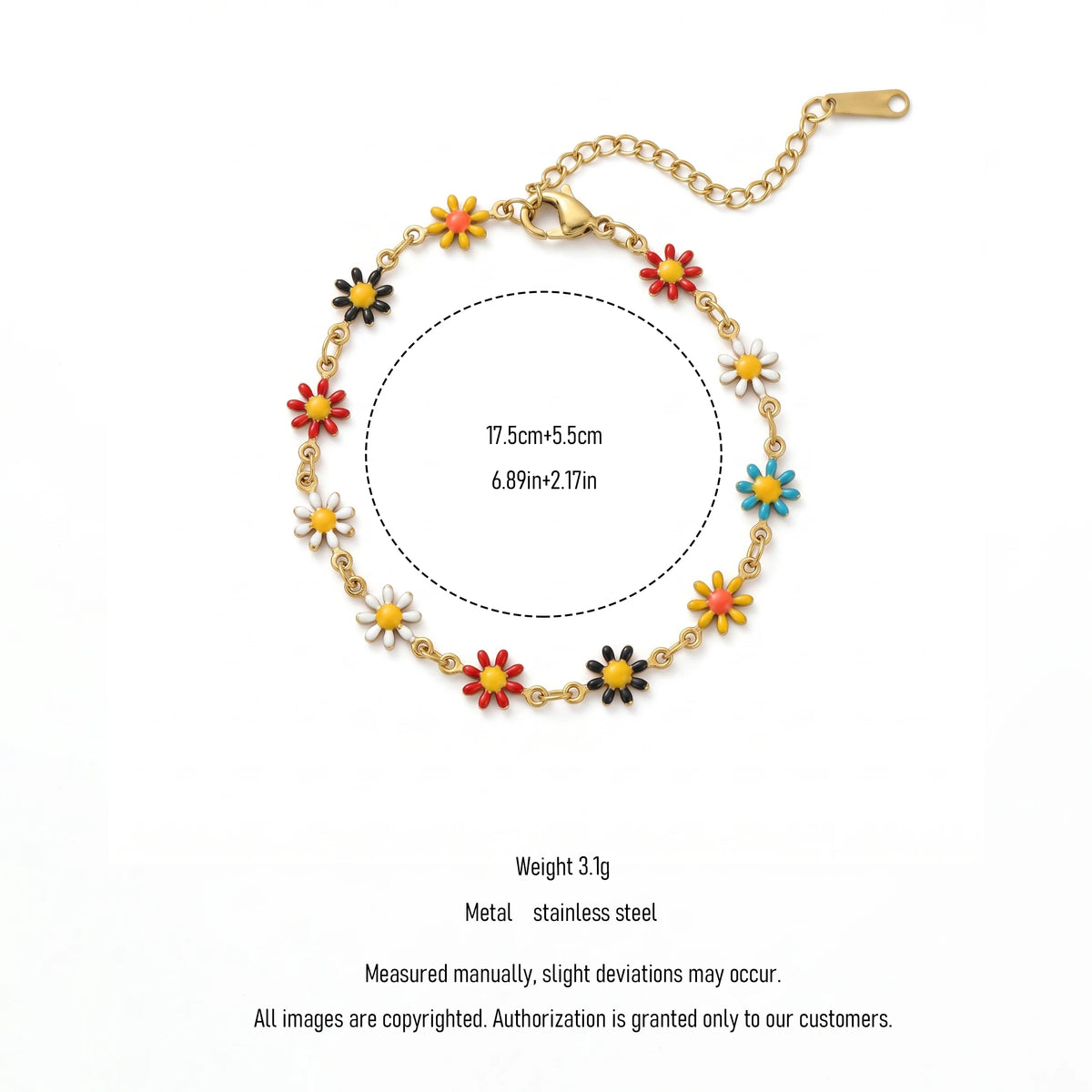 QIAOREN 13355 Gold Plated Stainless Steel Colorful Daisy Flower Bracelet Enamel Boho Summer Jewelry for Women