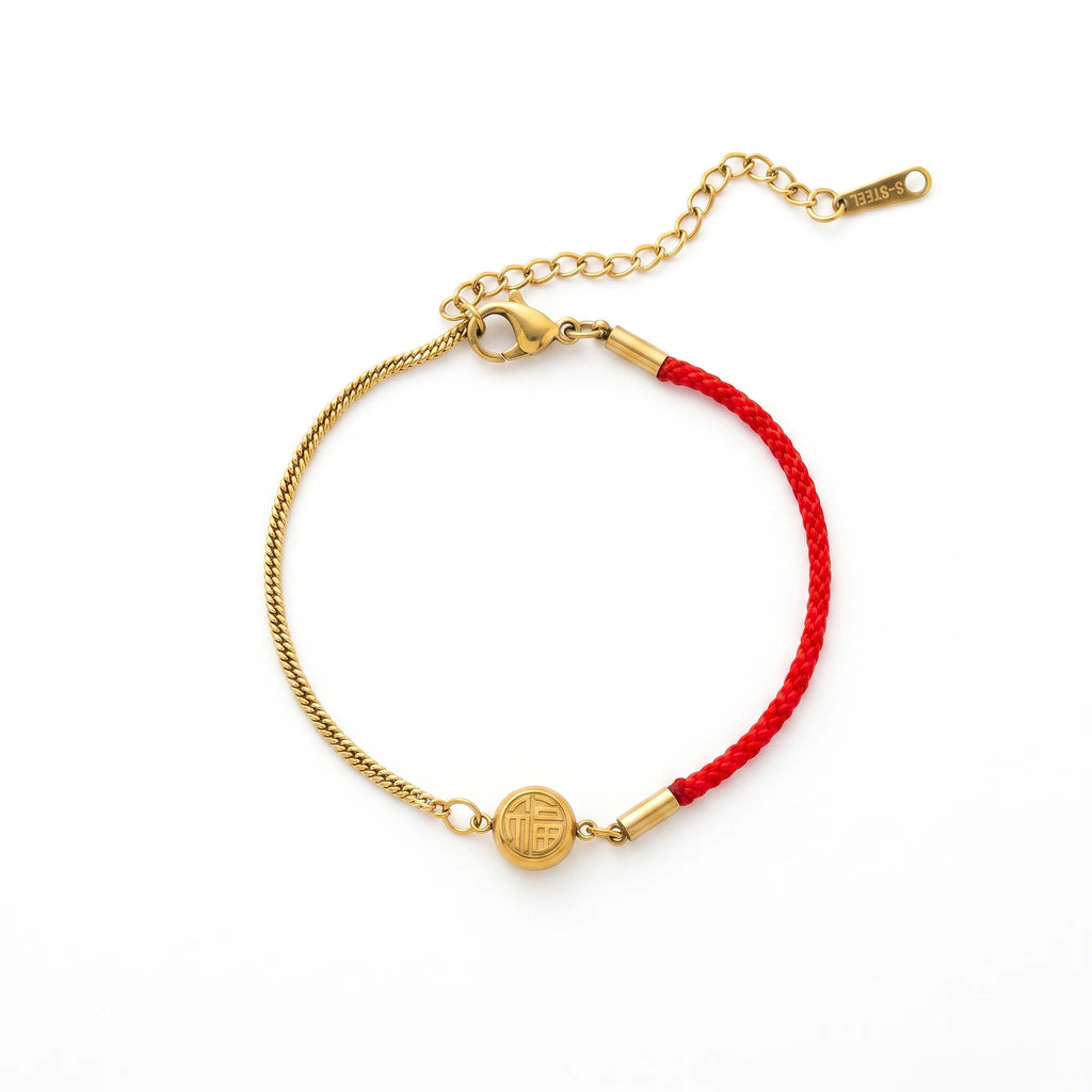 QIAOREN 13302 Lucky Red Cord Bracelet Stainless Steel Twist Chain Gold Fu Disc Adjustable Extender Chinese Style