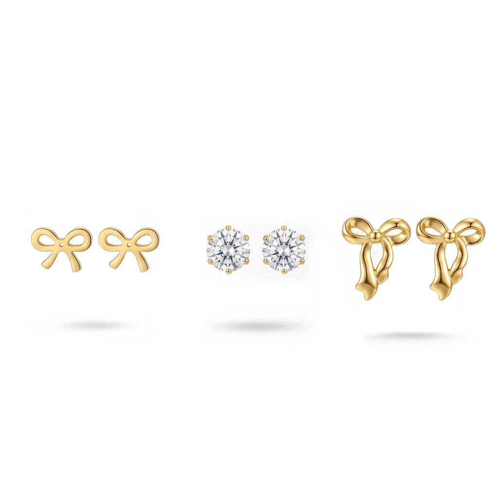 QIAOREN 13251 3 PCS Set 18K Gold Plated Stainless Steel 3 Pairs Bow & Zircon Stud Earrings Set Minimalist Hollow Solid Bow CZ