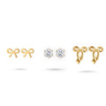QIAOREN 13251 3 PCS Set 18K Gold Plated Stainless Steel 3 Pairs Bow & Zircon Stud Earrings Set Minimalist Hollow Solid Bow CZ