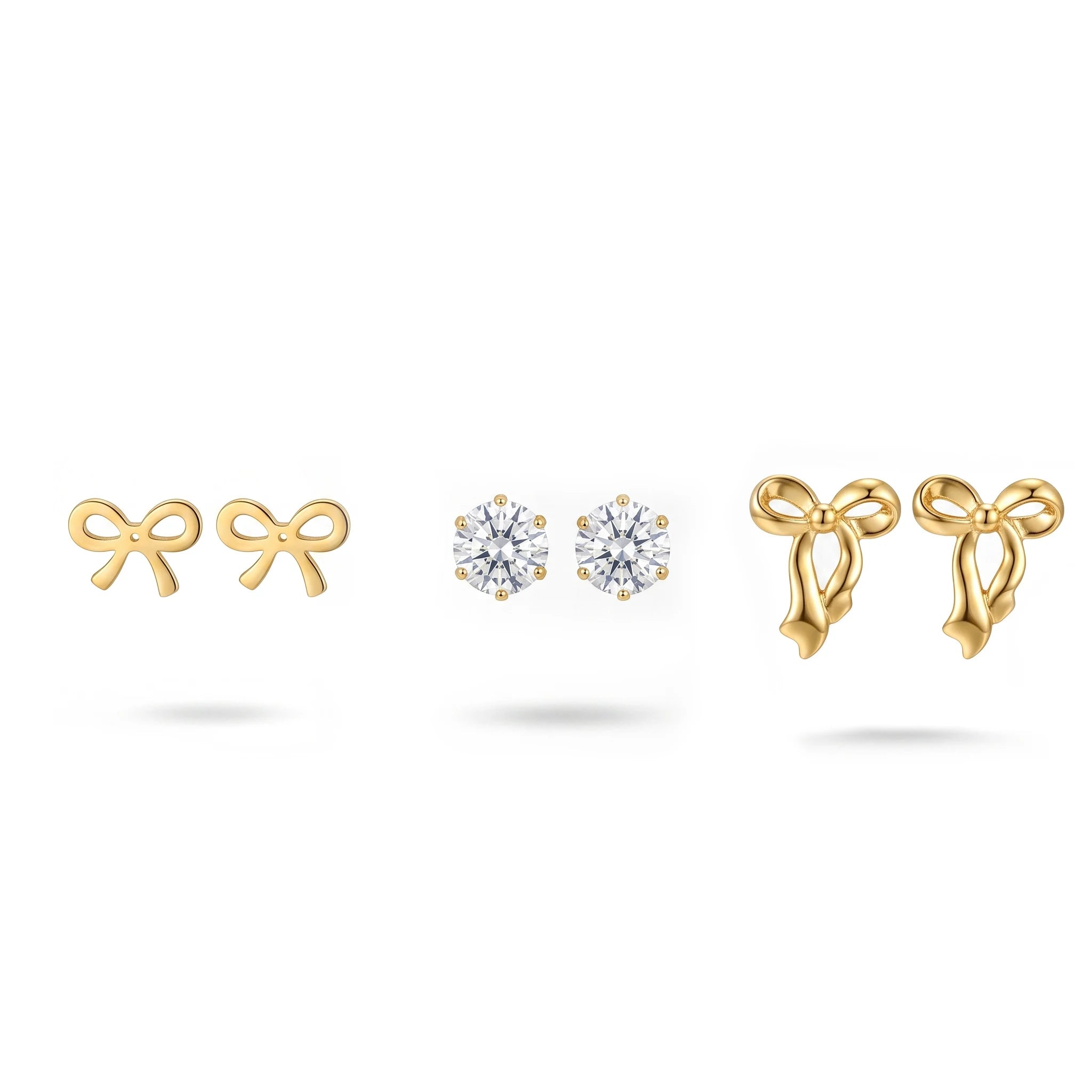 QIAOREN 13251 3 PCS Set 18K Gold Plated Stainless Steel 3 Pairs Bow & Zircon Stud Earrings Set Minimalist Hollow Solid Bow CZ