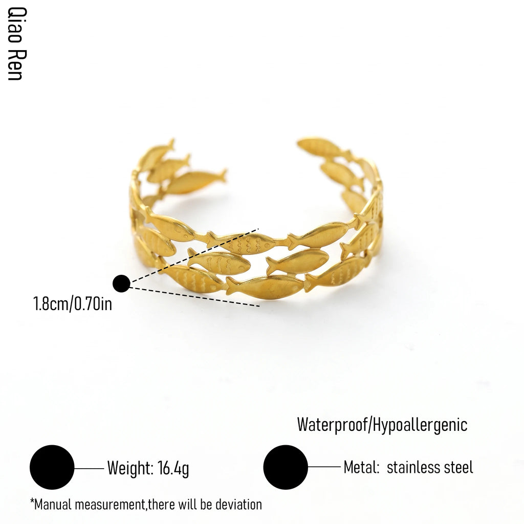 QIAOREN 14106 Stainless Steel Fish Open Cuff Bracelet Waterproof Hypoallergenic Ocean Jewelry OEM ODM