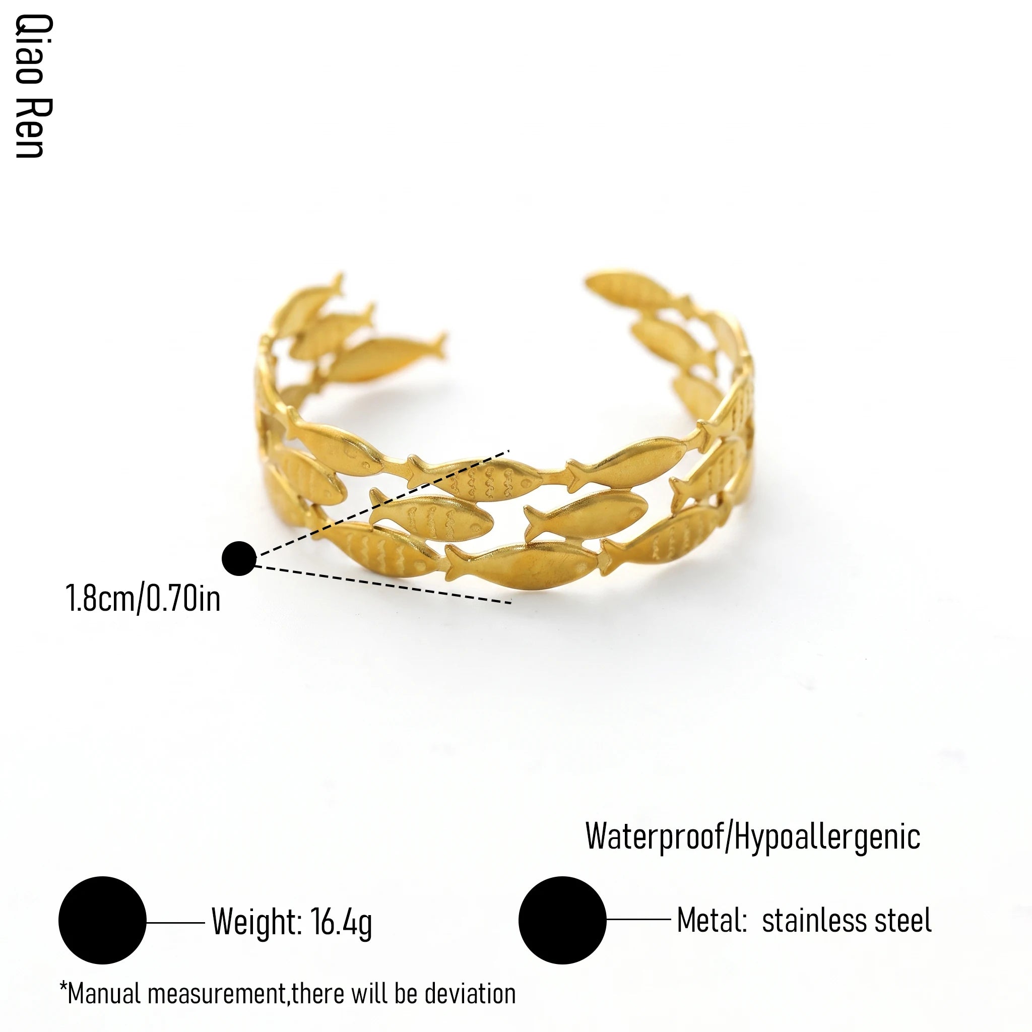 QIAOREN 14106 Stainless Steel Fish Open Cuff Bracelet Waterproof Hypoallergenic Ocean Jewelry OEM ODM