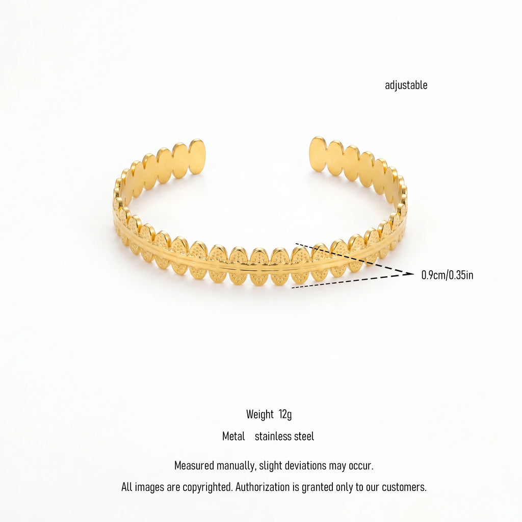 QIAOREN 12717 Stainless Steel 18K Gold Adjustable Cuff Bracelet Textured Oval Disc Bangle For Women Daily Jewelry