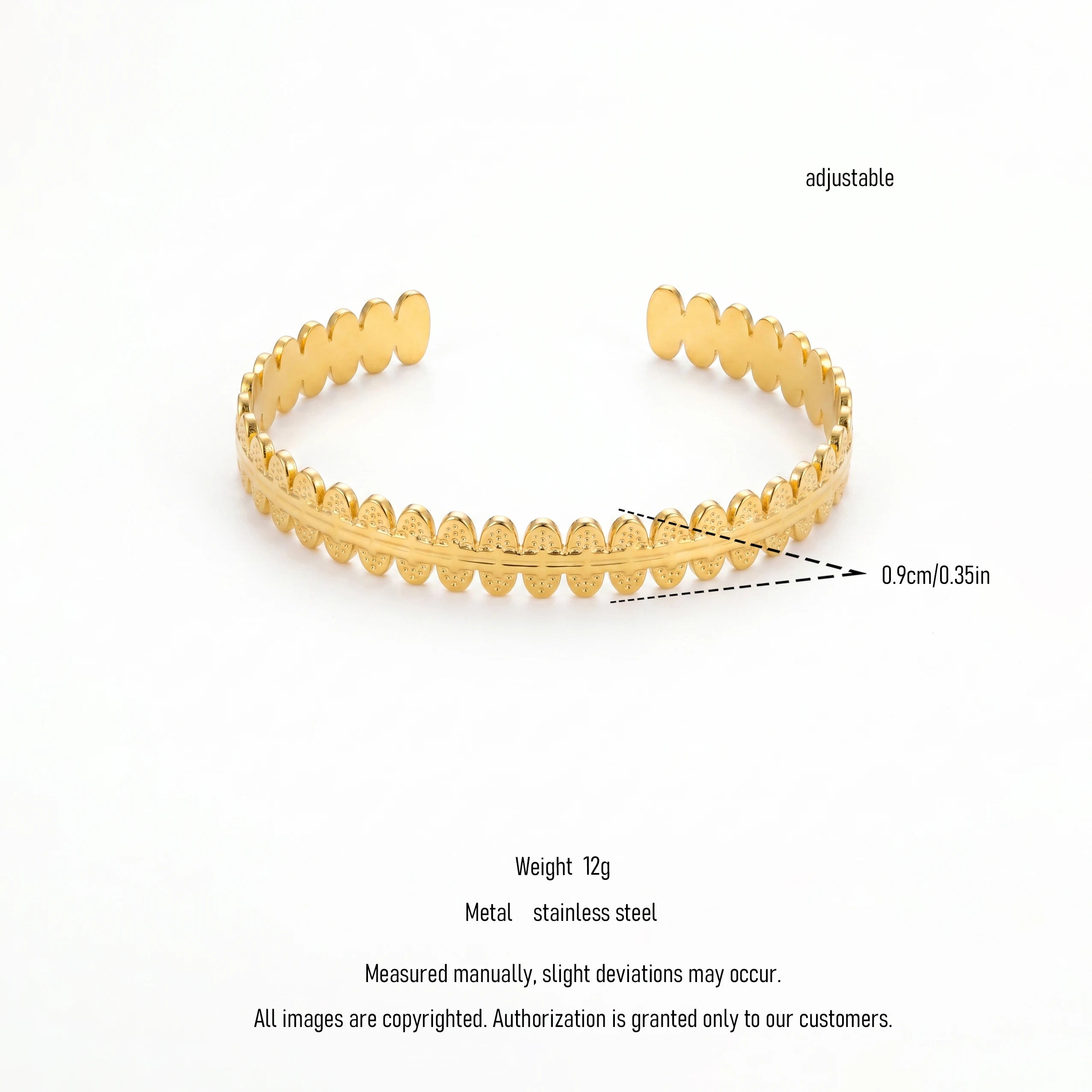 QIAOREN 12717 Stainless Steel 18K Gold Adjustable Cuff Bracelet Textured Oval Disc Bangle For Women Daily Jewelry