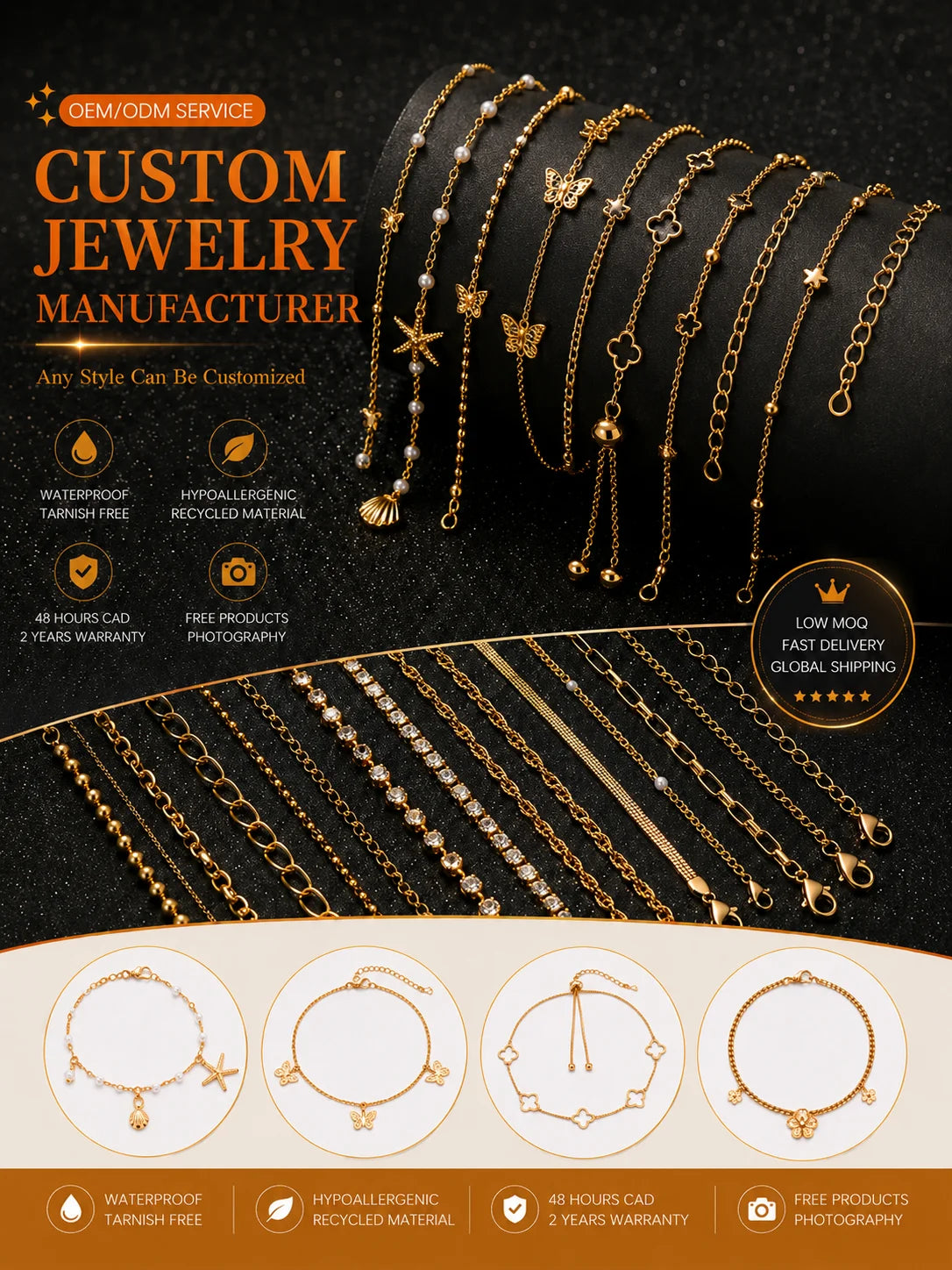 QIAOREN Custom Jewelry Manufacturer Waterproof Tarnish Free 18kGold Plated Stainless Steel Anklet Customized Your Own Jewelry