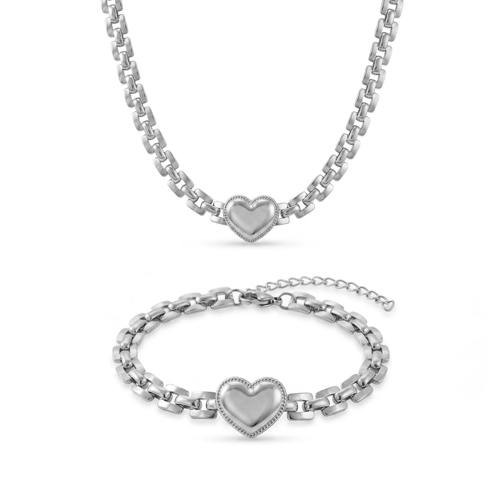 QIAOREN 11626 Tarnish Free 18K Gold Stainless Steel Embossed Heart Jewelry Set Chunky Chain Necklace Bracelet