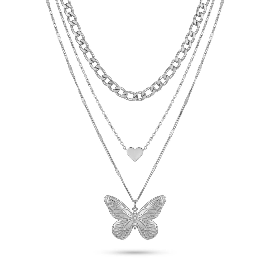QIAOREN 11325 Dainty Chunky Figaro Chain Layered Necklace With Butterfly & Heart Charms 18K Gold Plated Stainless Steel