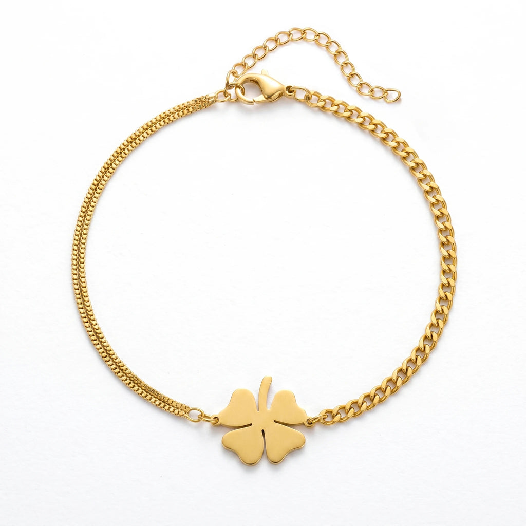 QIAOREN 10778 Dainty 18K Gold Plated Stainless Steel Four Leaf Clover Charm Bracelet Waterproof Double Chain Jewelry