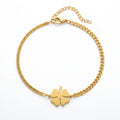 QIAOREN 10778 Dainty 18K Gold Plated Stainless Steel Four Leaf Clover Charm Bracelet Waterproof Double Chain Jewelry