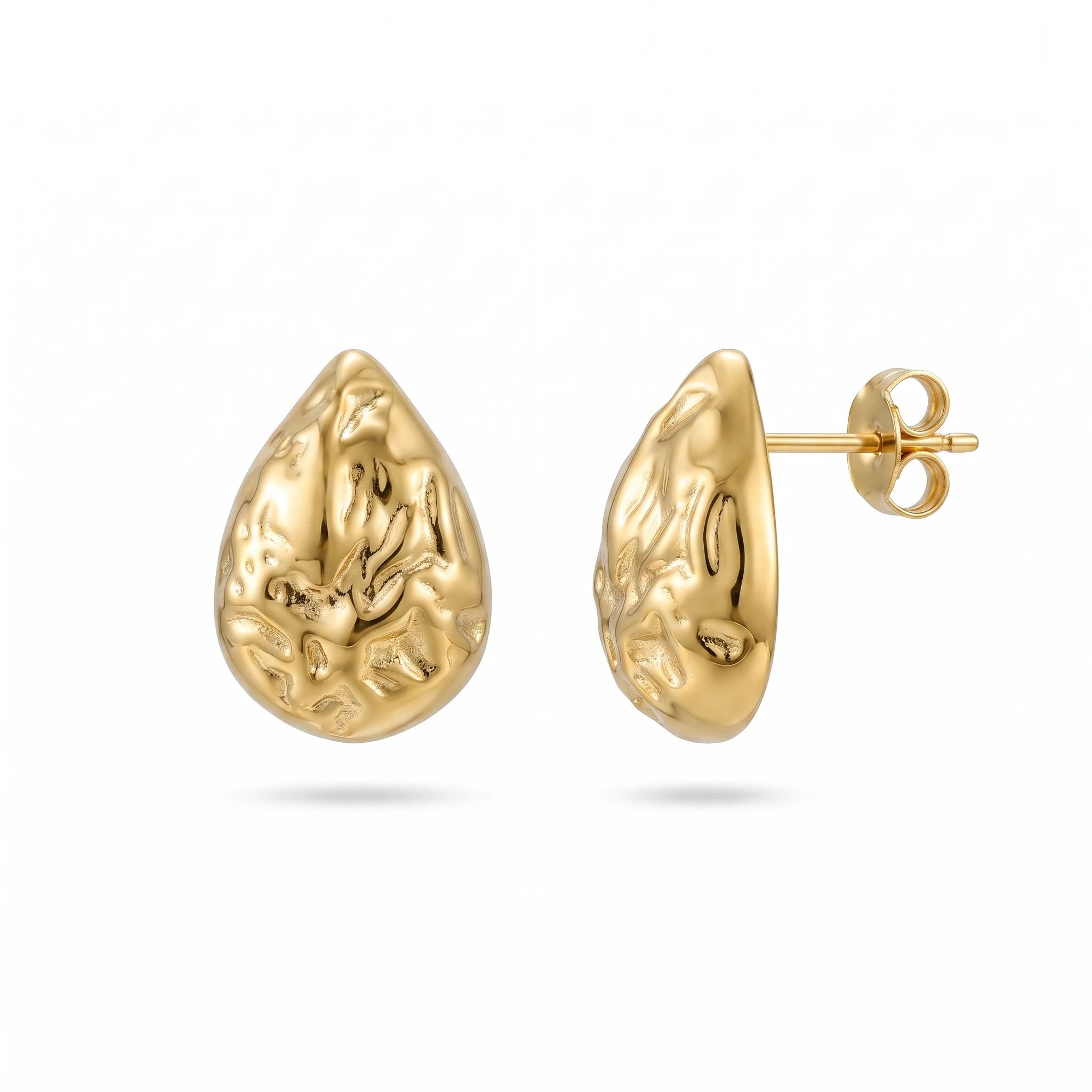 QIAOREN 14019 Polished Gold Hammered Textured Teardrop Stud Earrings, Irregular Crinkle Surface Water Drop Ear Stud Jewelry Gift