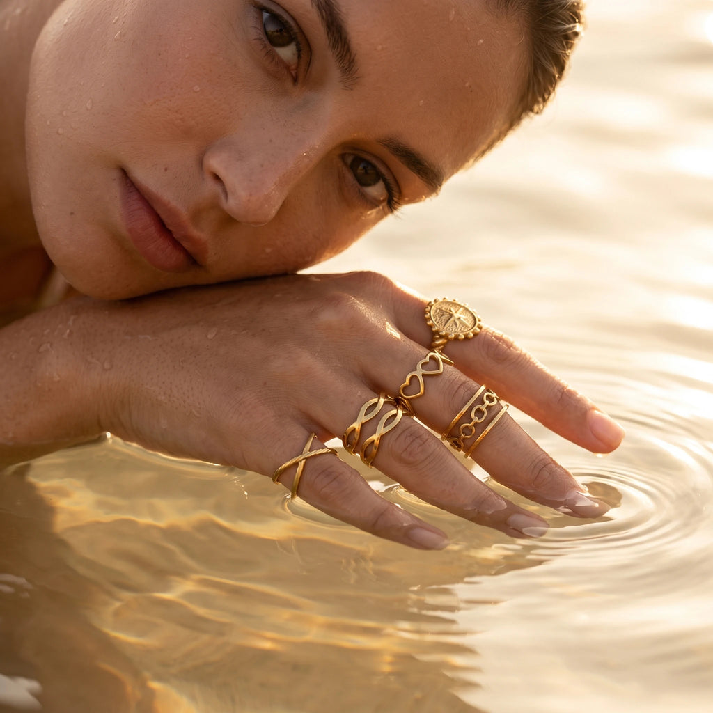 QIAOREN 10710 Tarnish Resistant 18K Gold Plated Stainless Steel Ring Watch Set 5Pcs Adjustable Open Stackable Quartz Rings Women