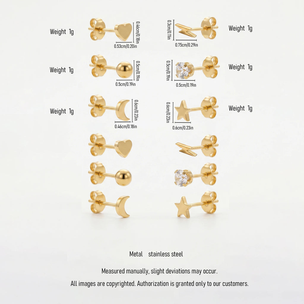 QIAOREN 12615-24 Multi Shape Tiny Stud Earrings Set 18K Gold Stainless Steel Heart Moon Star Ball Lightning CZ Piercing Jewelry