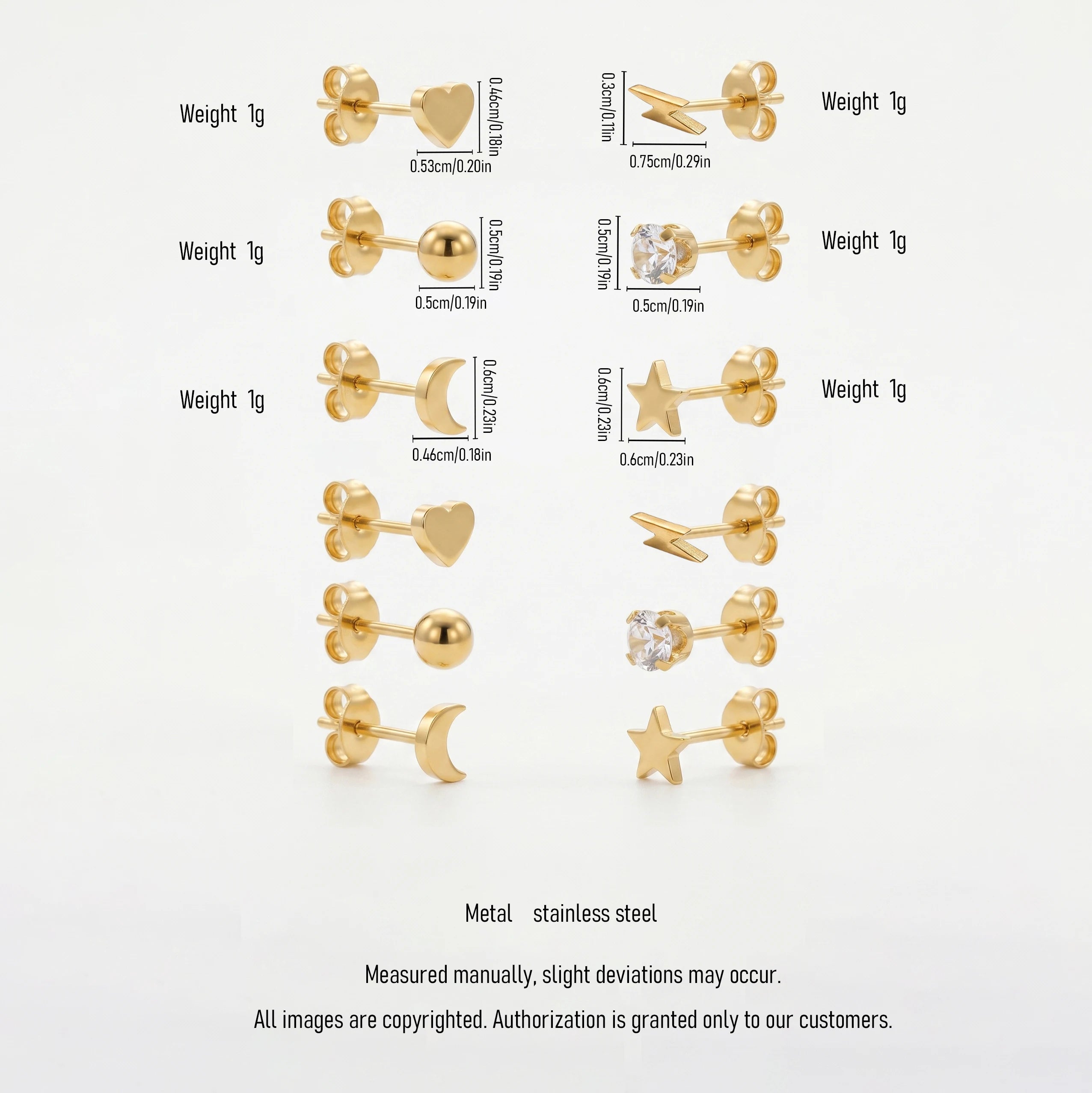 QIAOREN 12615-24 Multi Shape Tiny Stud Earrings Set 18K Gold Stainless Steel Heart Moon Star Ball Lightning CZ Piercing Jewelry