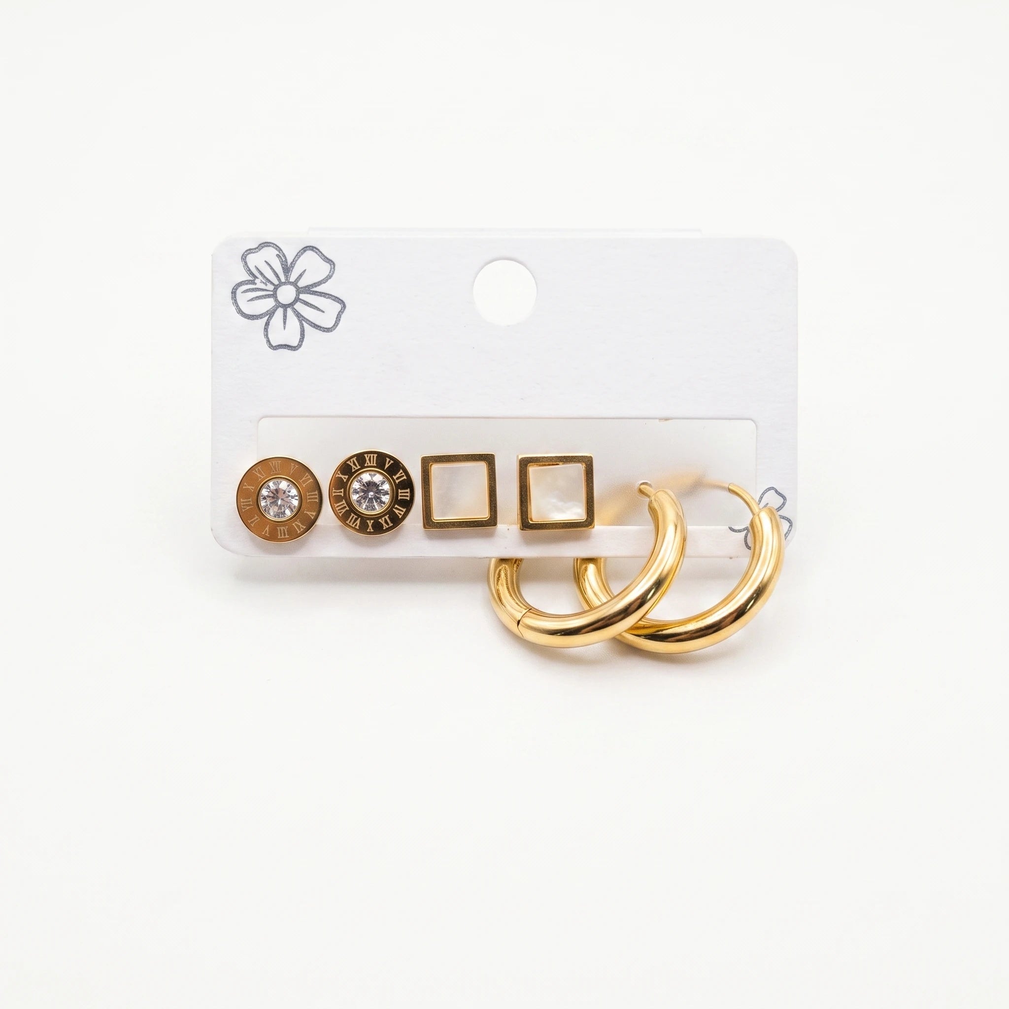 QIAOREN 14469 3 Pair Gold Stainless Steel Stud Earrings Set, Matte Flower Studs, Round Quartz Studs & Prong Set CZ Studs