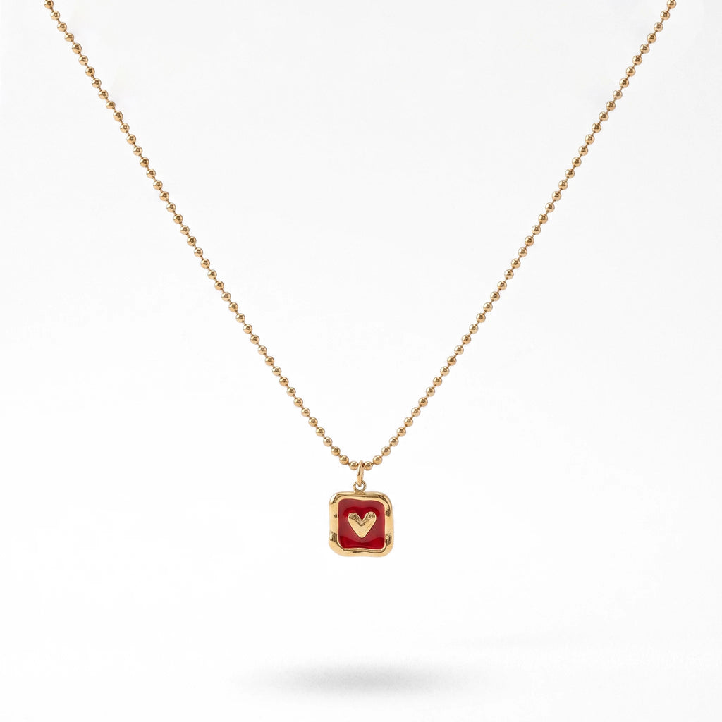 QIAOREN  13712 Ball Bead Chain Pendant Necklace with Rounded Square Solid Red Enamel & Embossed Mini Heart Charm