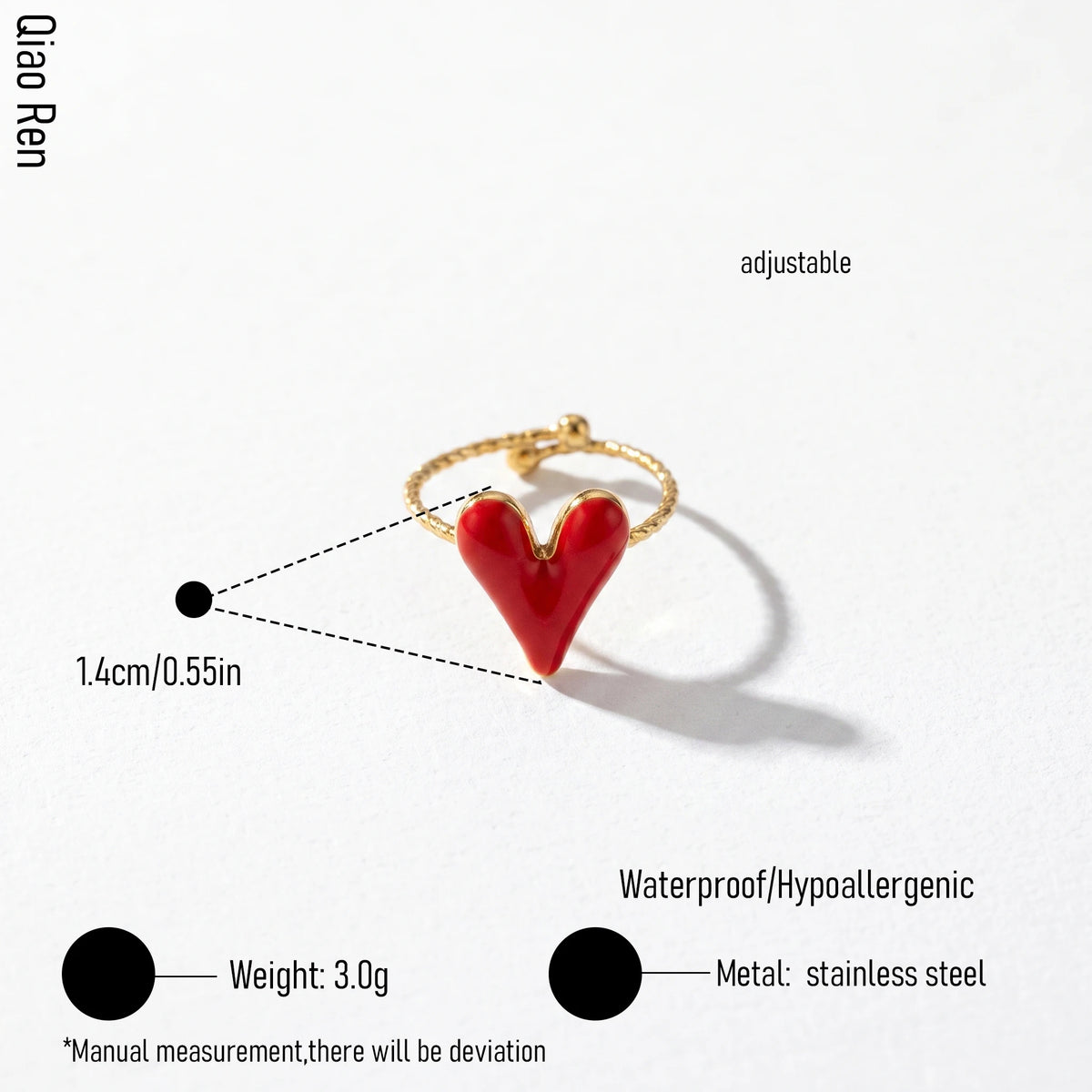 QIAOREN 14158-64 Multi-Color Enamel Heart Ring Set, Irregular Textured Love Shape Adjustable Ring Jewelry Gift for Daily Outfits
