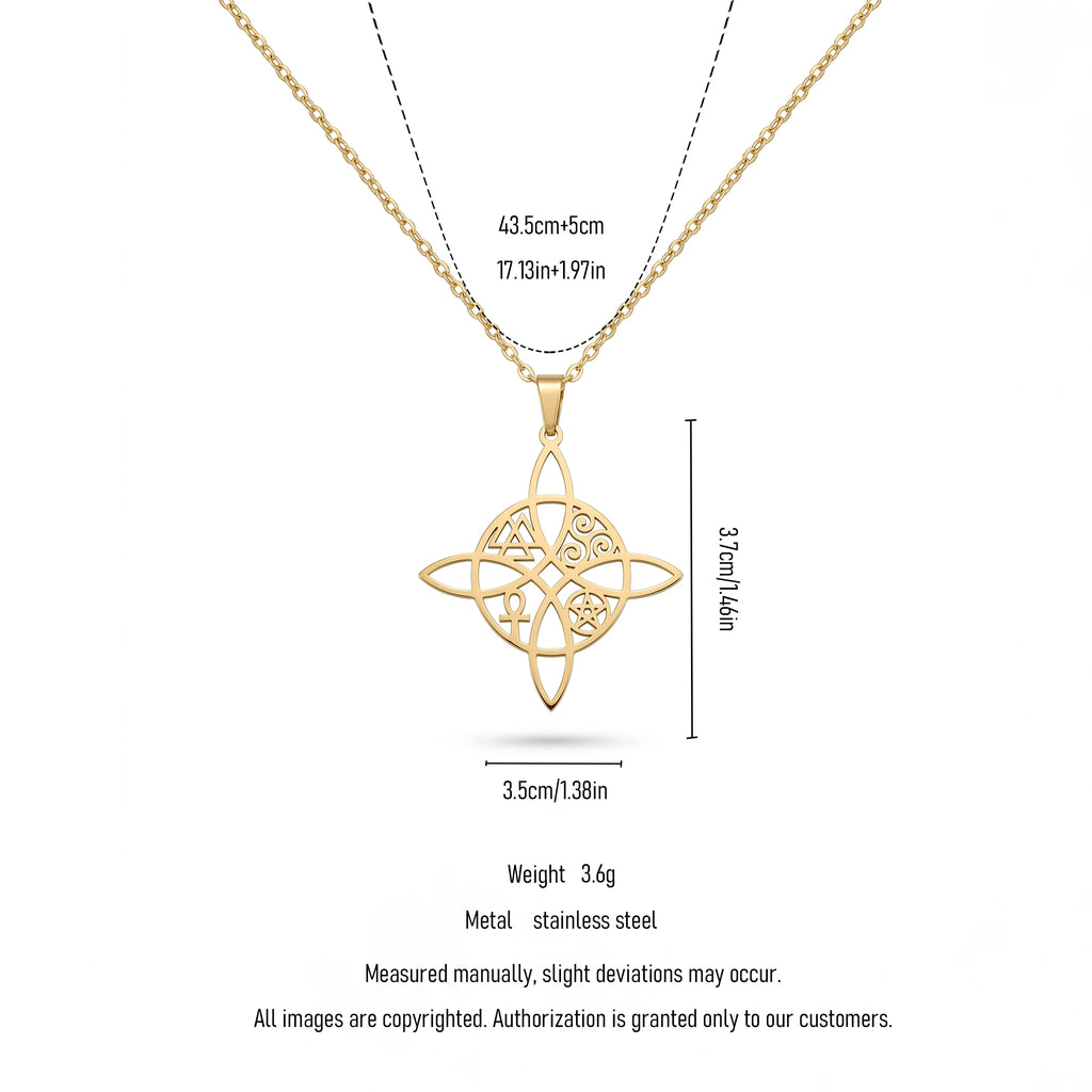 QIAOREN 11841 Waterproof Hollow Celtic Witch Knot Necklace 18K Gold Stainless Steel Four Elements Spiritual All-Day Wear Jewelry