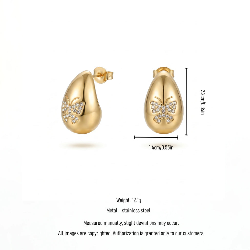 QIAOREN 12260Trendy Chunky Teardrop Earrings Gold Stainless Steel CZ Pave Butterfly Waterdrop Studs Jewelry for Women US EU