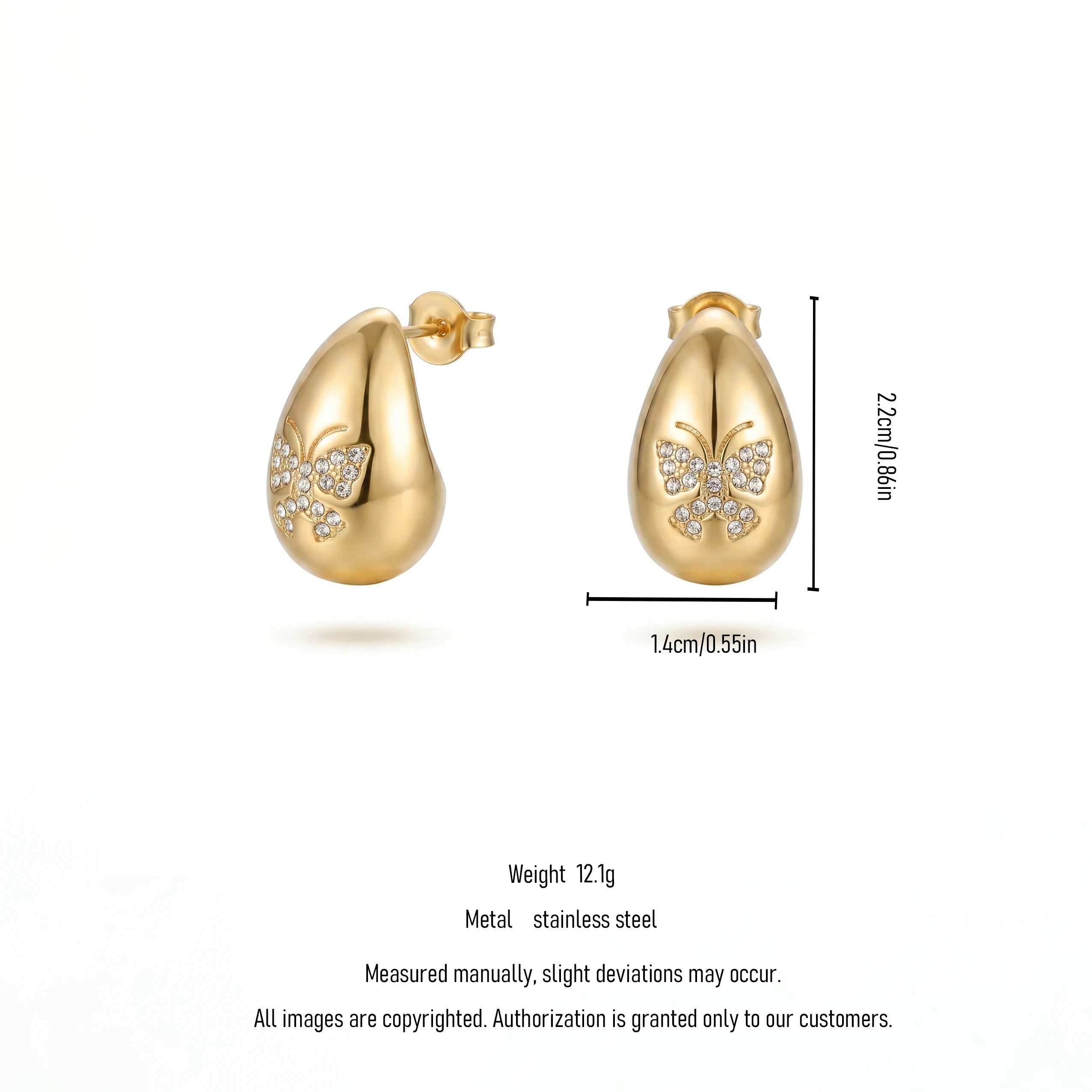 QIAOREN 12260Trendy Chunky Teardrop Earrings Gold Stainless Steel CZ Pave Butterfly Waterdrop Studs Jewelry for Women US EU