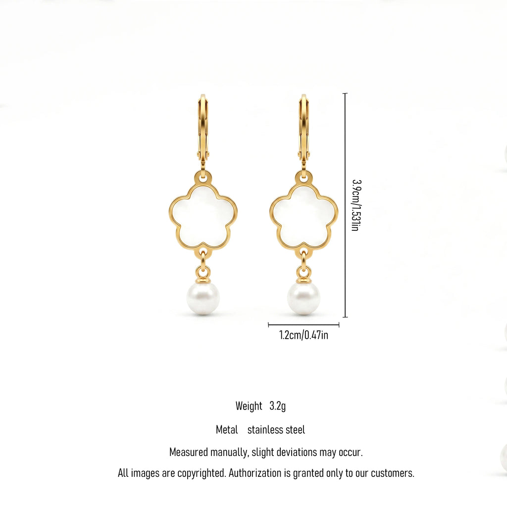 QIAOREN 11765Ins Elegant Four Leaf Clover Shell Pearl Drop Earrings 18K Gold Plated Stainless Steel Leverback Hoops Women's