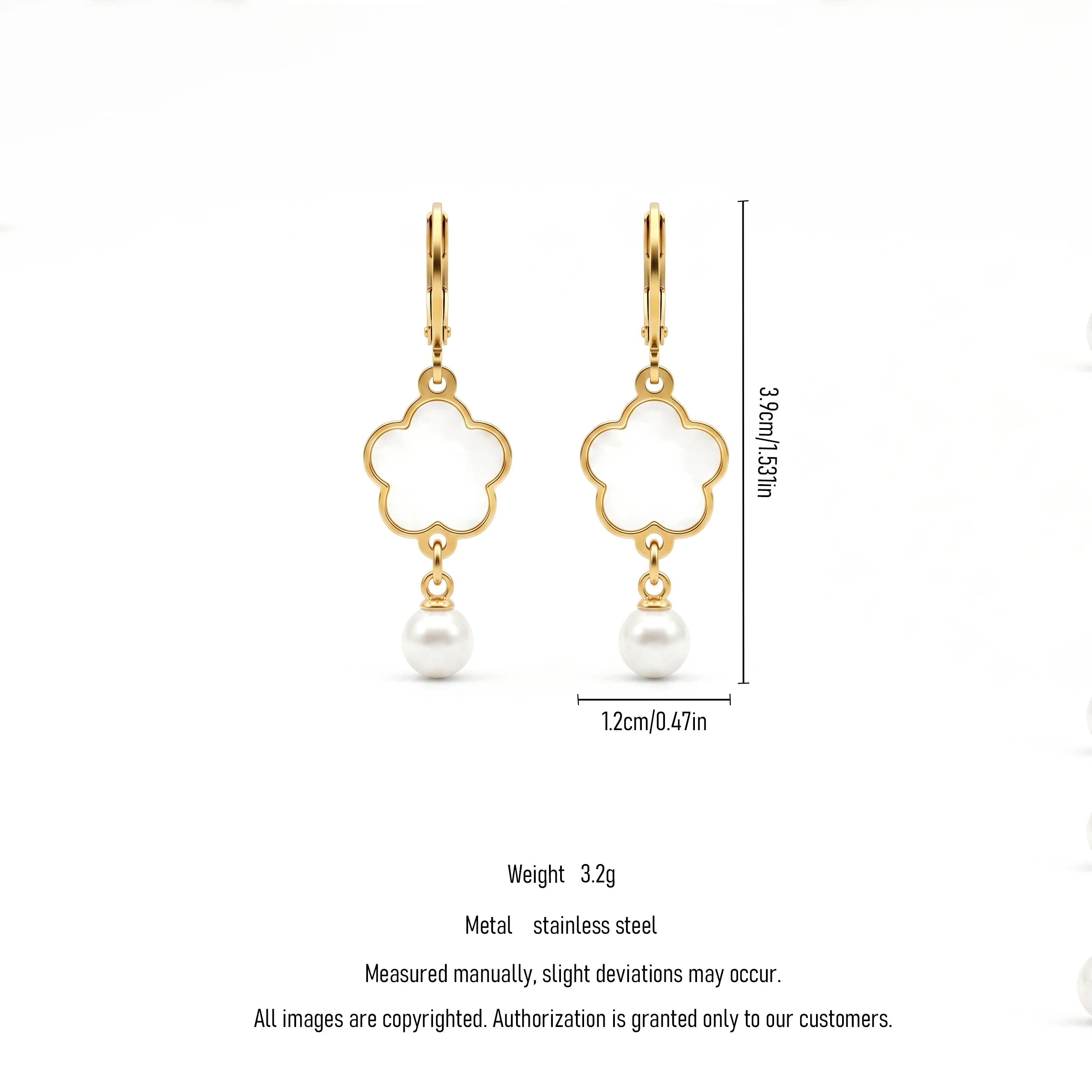QIAOREN 11765Ins Elegant Four Leaf Clover Shell Pearl Drop Earrings 18K Gold Plated Stainless Steel Leverback Hoops Women's
