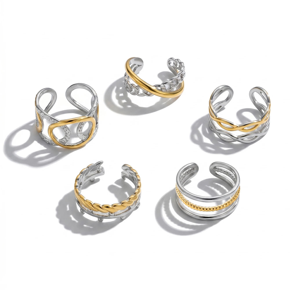 QIAOREN 13031-35 Gold Silver Plated Adjustable Open Stack Ring Set for Women Minimalist Geometric Statement Rings