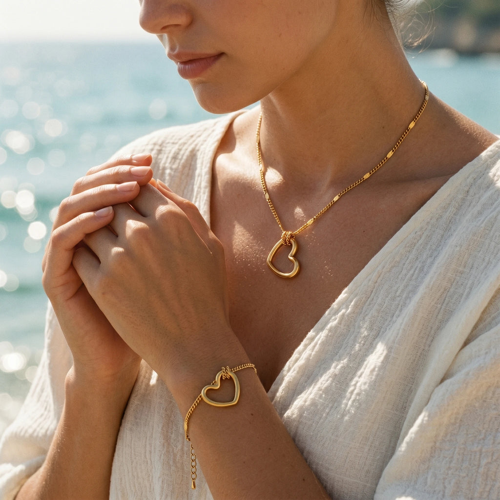 QIAOREN 10647 Irregular Hollow Heart Matching Jewelry Set 18K Gold Plated Stainless Steel No-Fade Necklace Bracelet Women
