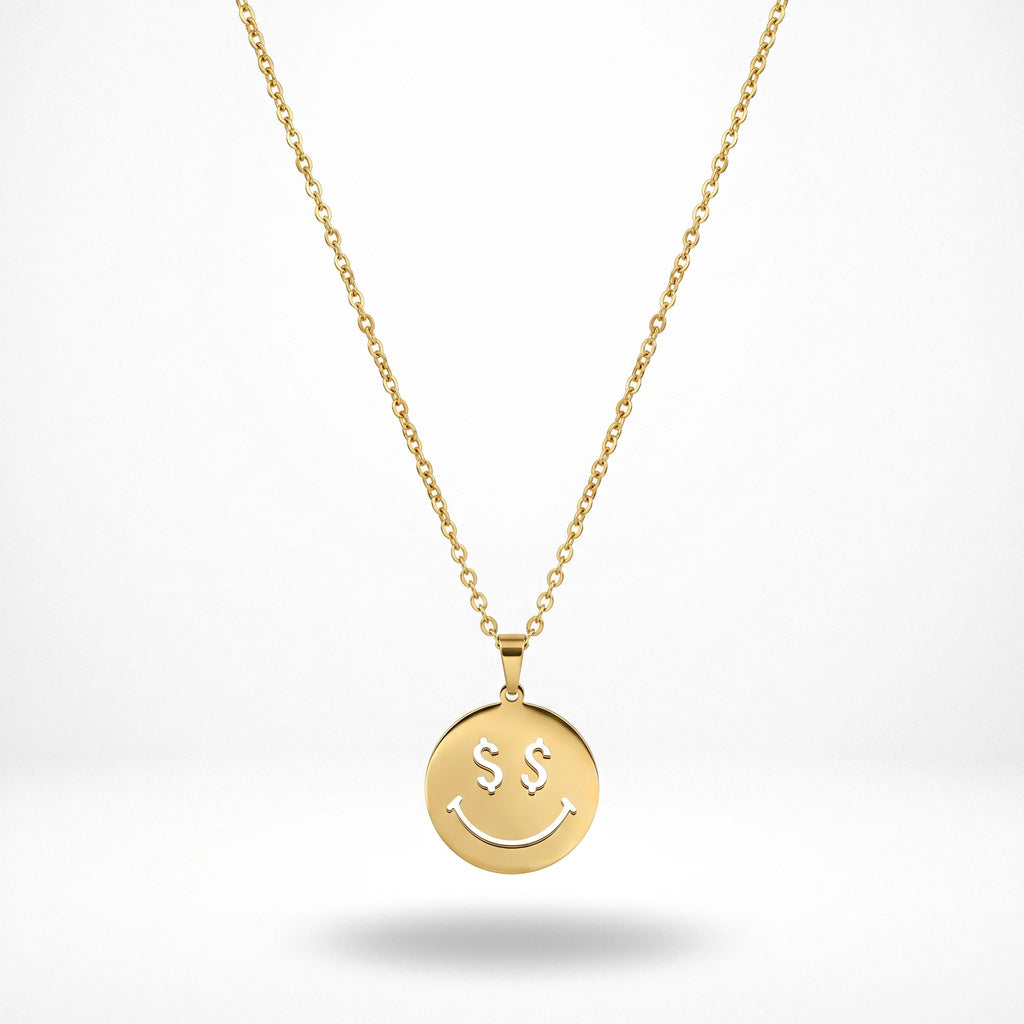 QIAOREN 11782 Ins Trendy Money Eyes Smiley Face Stainless Steel Necklace Gold Round Disc Pendant Accessory for American European