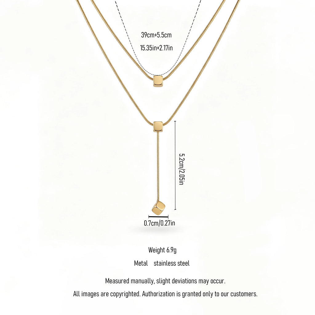QIAOREN 13466 Minimalist Double Layer Snake Chain Necklace with Sliding Square Cube Pendants, Dainty Y Drop Neck Jewelry Gift